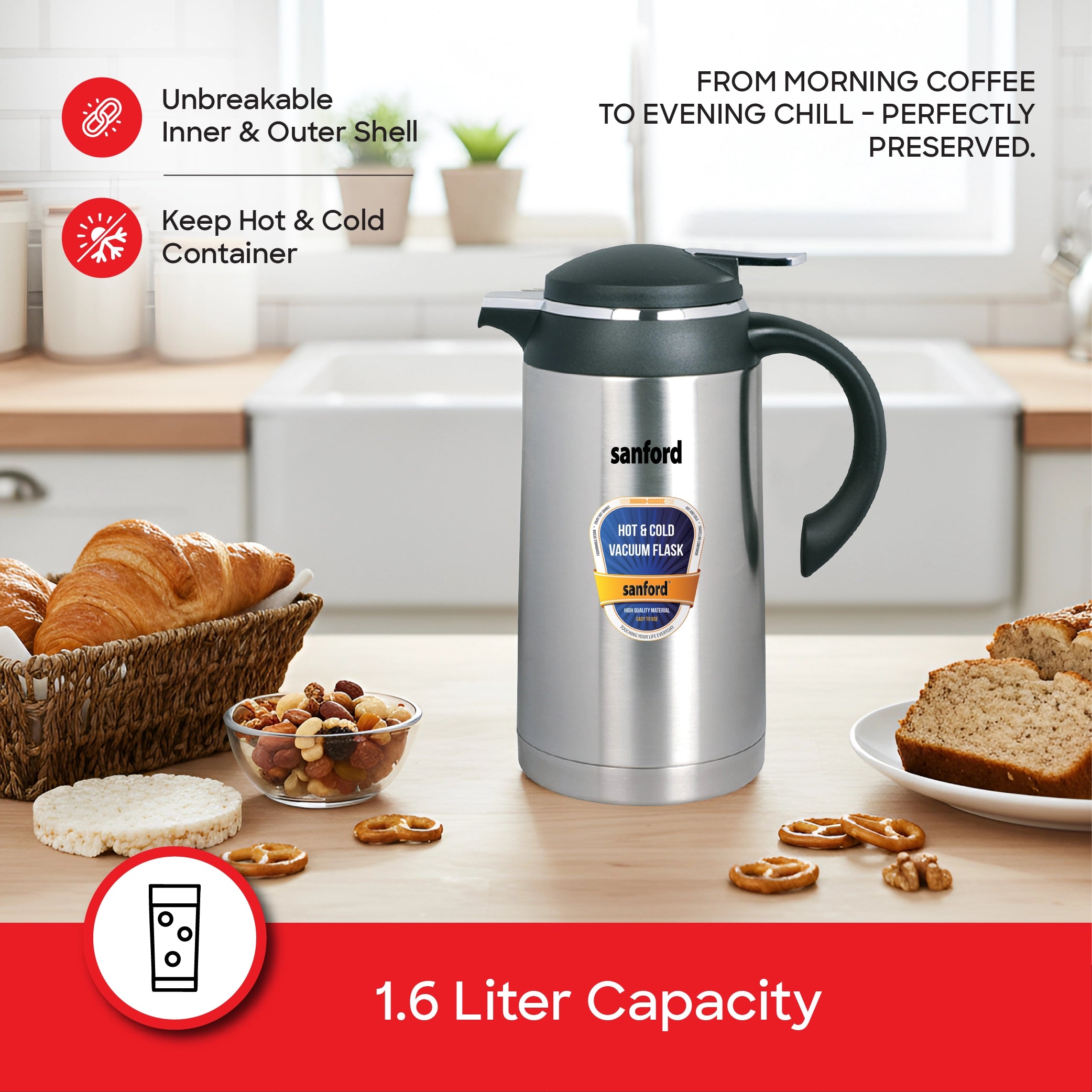 Sanford Vacuum Flask 1600ml Stainless Steel with Unbreakable Body, Hot & Cold Use - SF1664SVF Sanford KSA