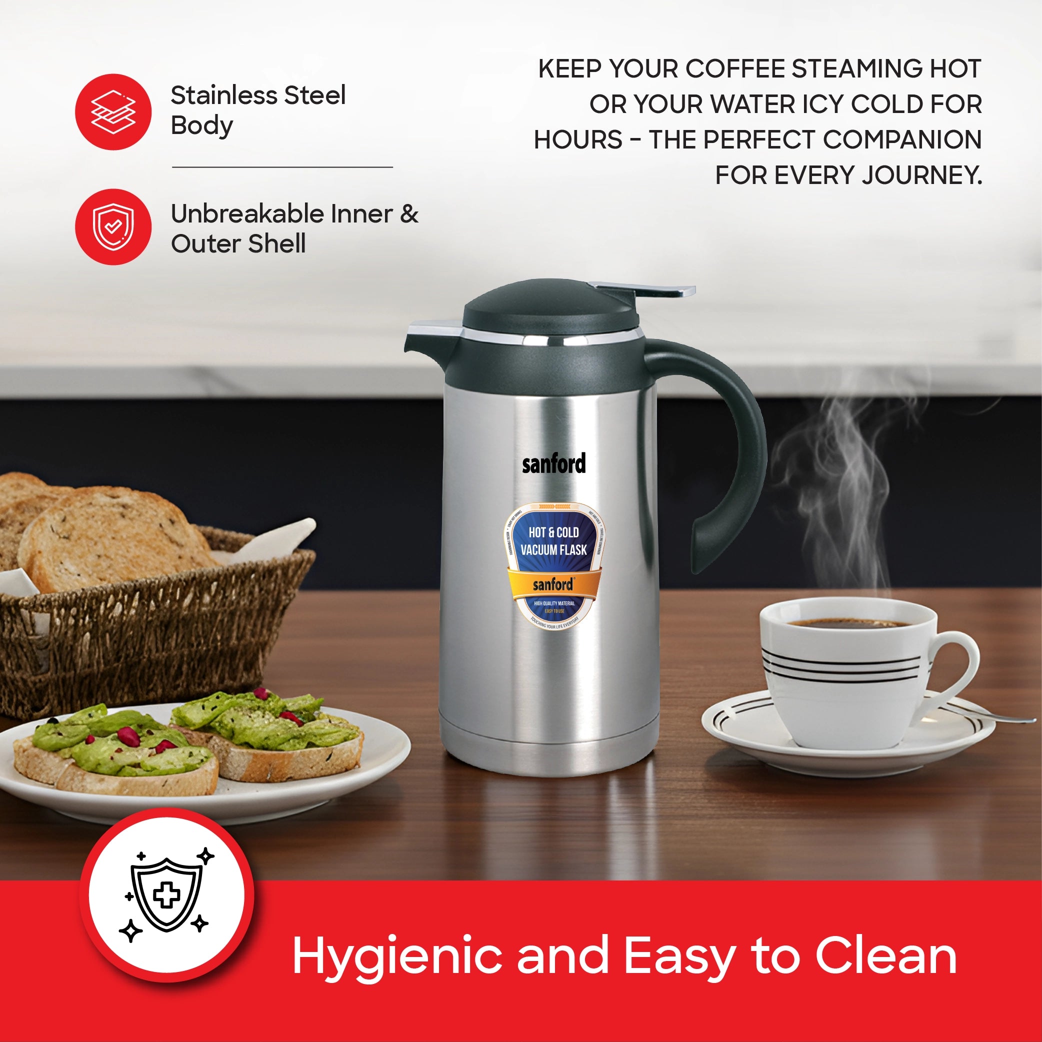 Sanford Vacuum Flask 1600ml Stainless Steel with Unbreakable Body, Hot & Cold Use - SF1664SVF Sanford KSA