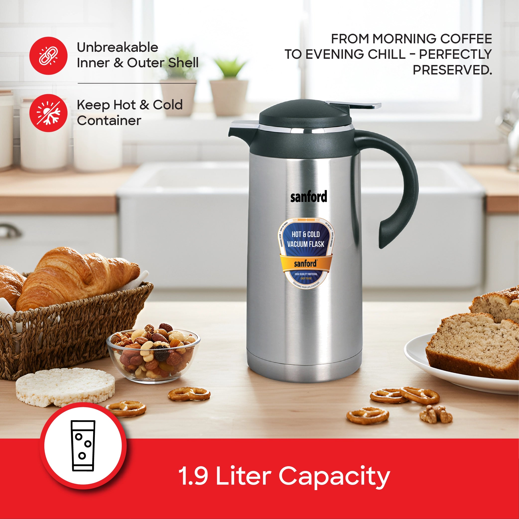 Sanford Vacuum Flask 1900ml Stainless Steel with Unbreakable Body, Hot & Cold Use - SF1665SVF Sanford KSA