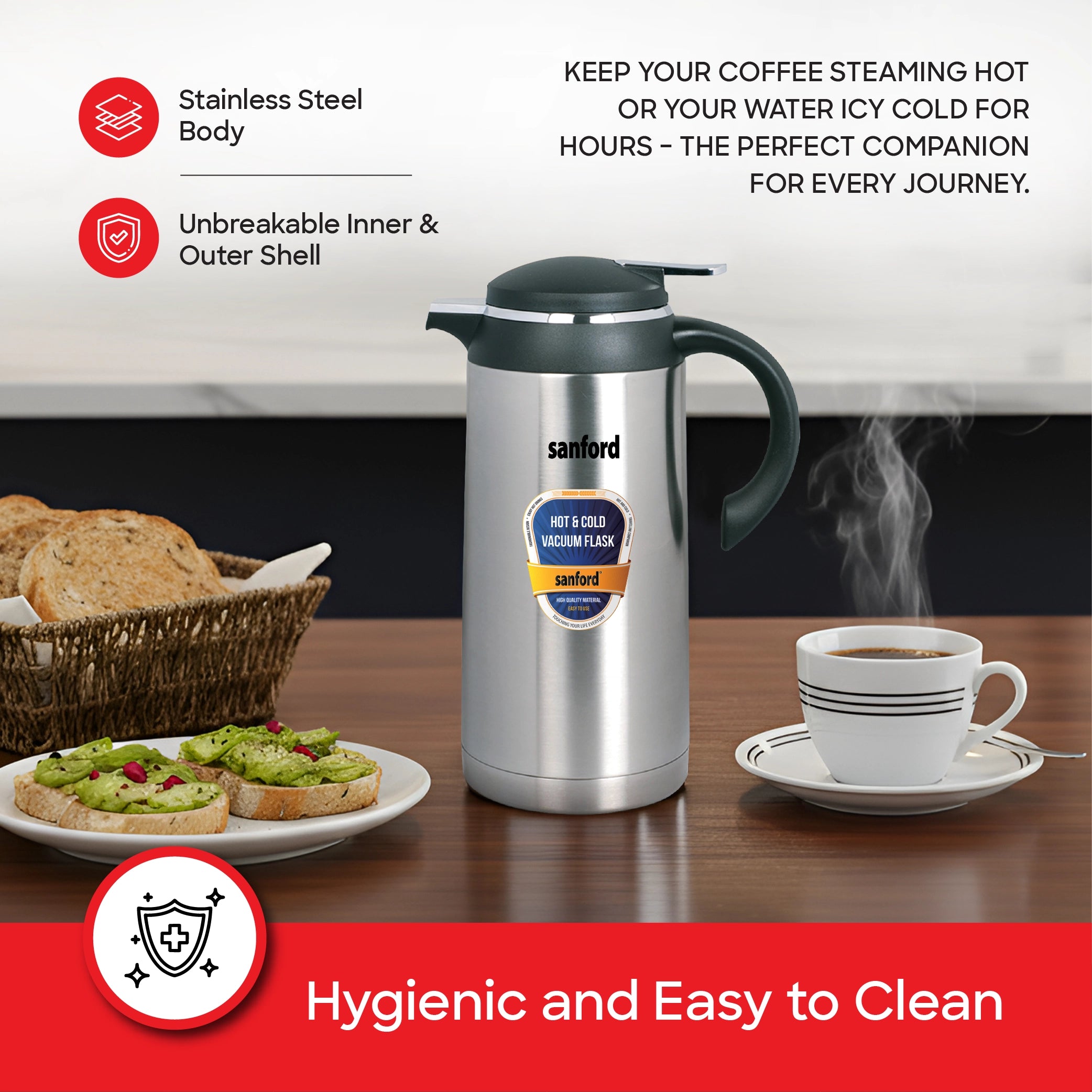 Sanford Vacuum Flask 1900ml Stainless Steel with Unbreakable Body, Hot & Cold Use - SF1665SVF Sanford KSA