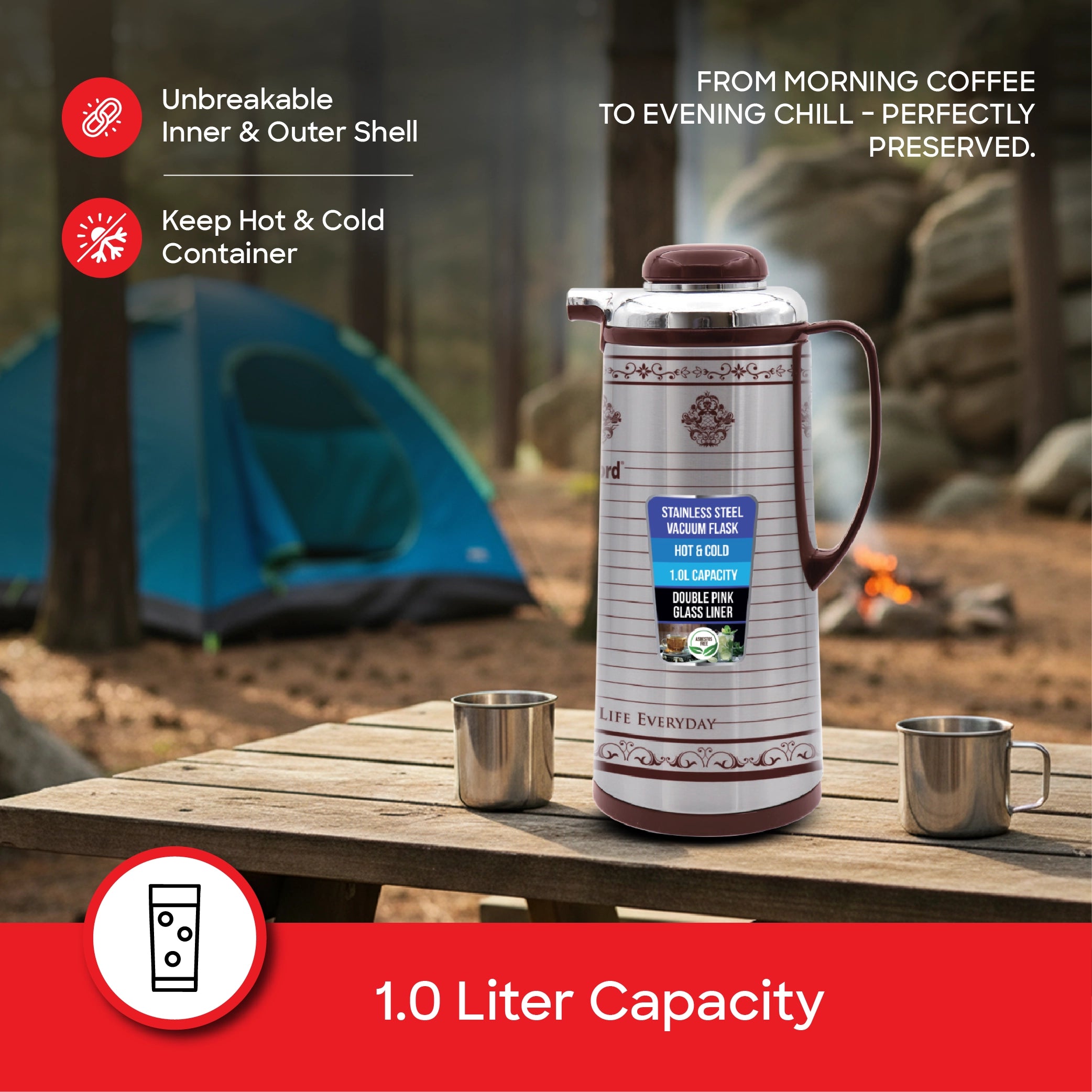 Sanford Vacuum Flask 1000ml Double Pink Glass Liner, Hot & Cold Use - SF1686VF Sanford KSA