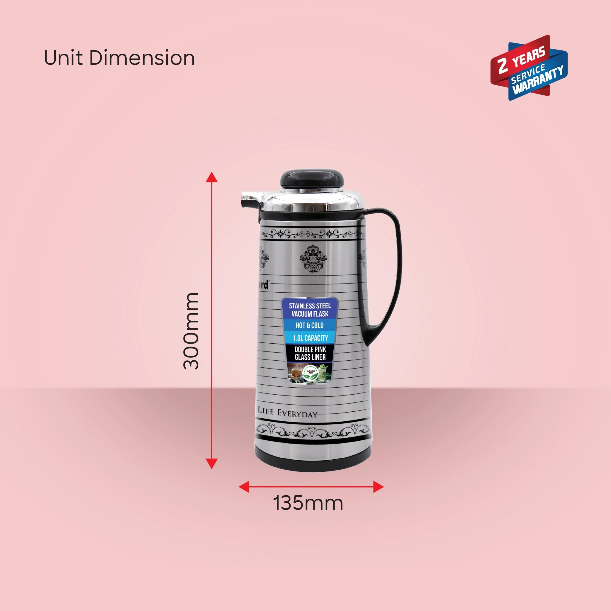 Sanford Vacuum Flask 1000ml Double Pink Glass Liner, Hot & Cold Use - SF1686VF Sanford KSA