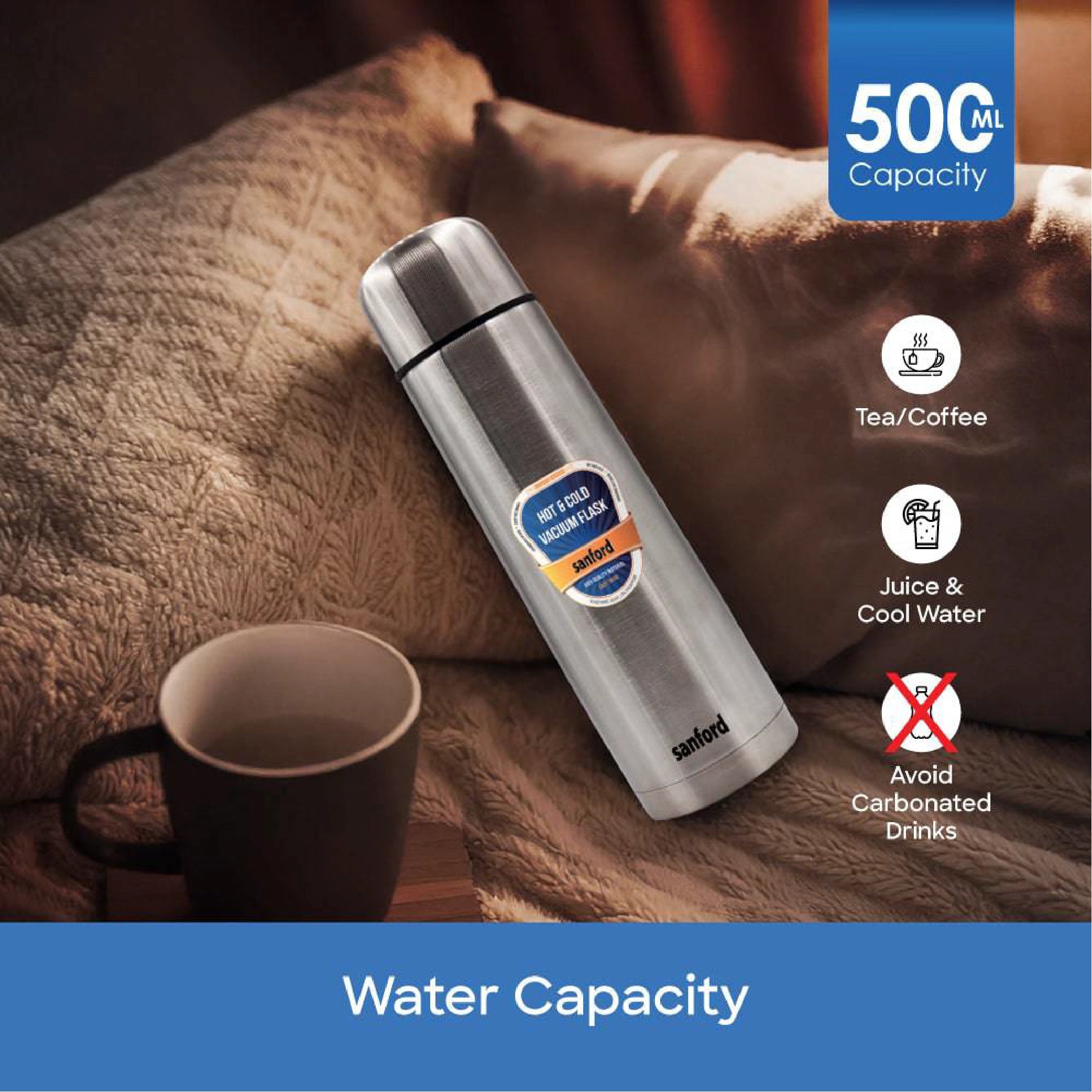 Sanford Vacuum Flask 500ml Stainless Steel, Hot & Cold 24 Hours Retention - SF172SVF Sanford KSA