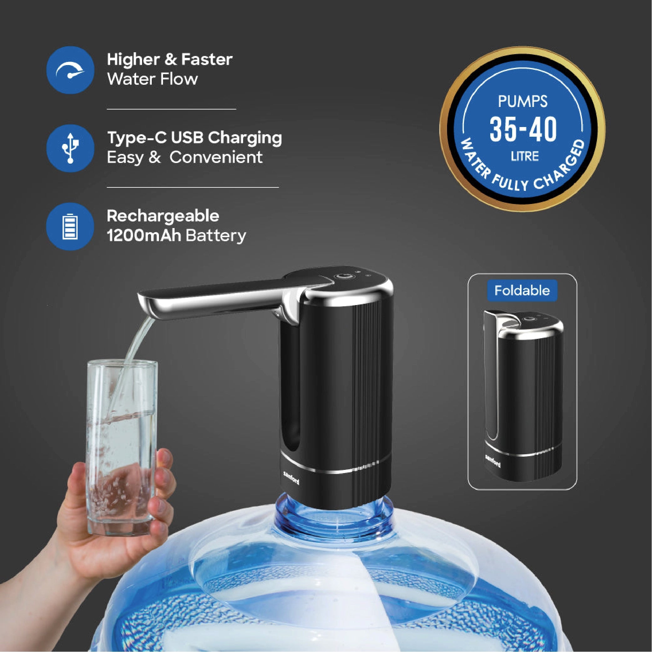 Sanford Rechargeable Water Dispenser 1200mAh with Type-C Charging and Foldable Pipe - SF1801BWD Sanford KSA