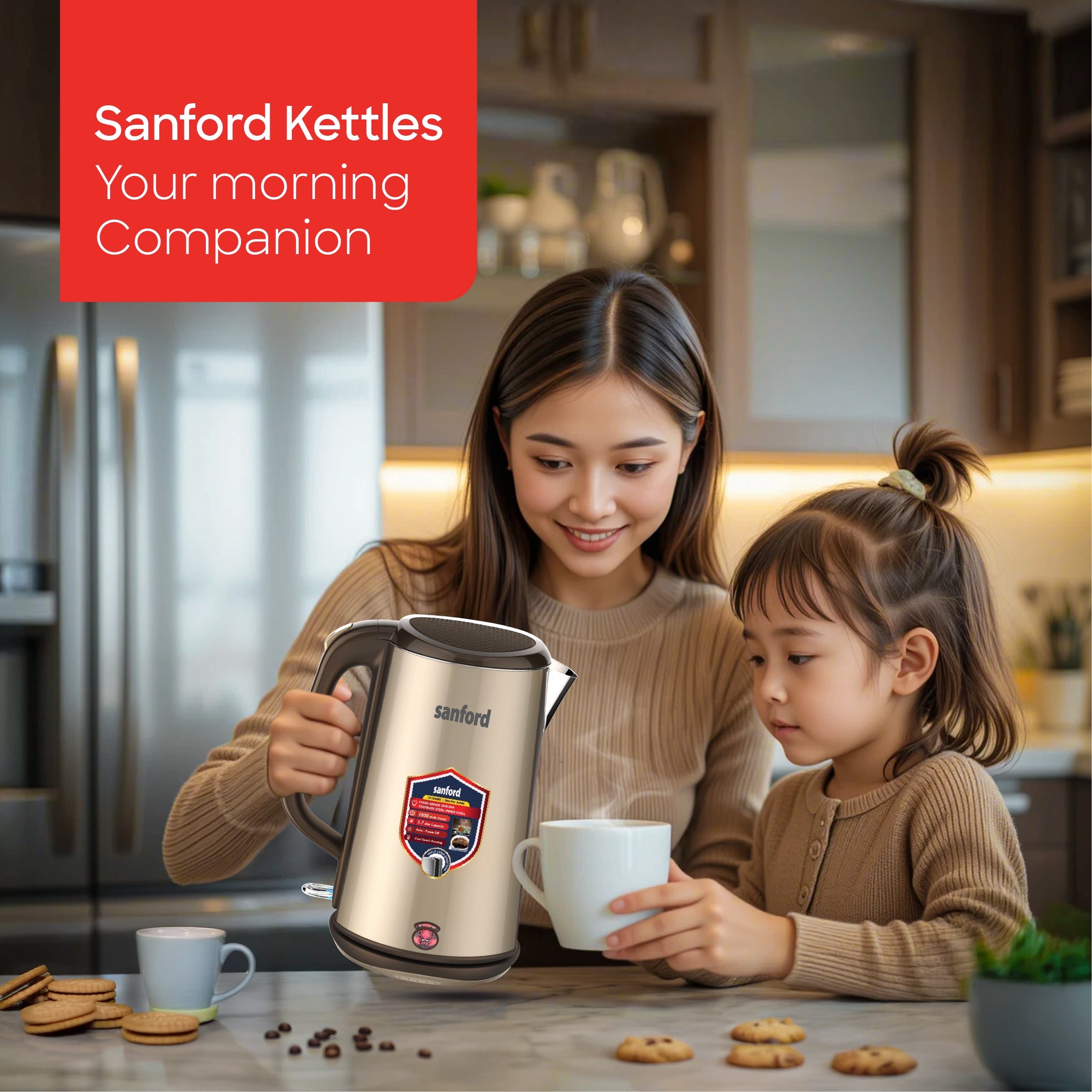 Sanford 1.7L Stainless Steel Electric Kettle 1800W Triple-Layer Cool-Touch - SF1868EK Sanford KSA