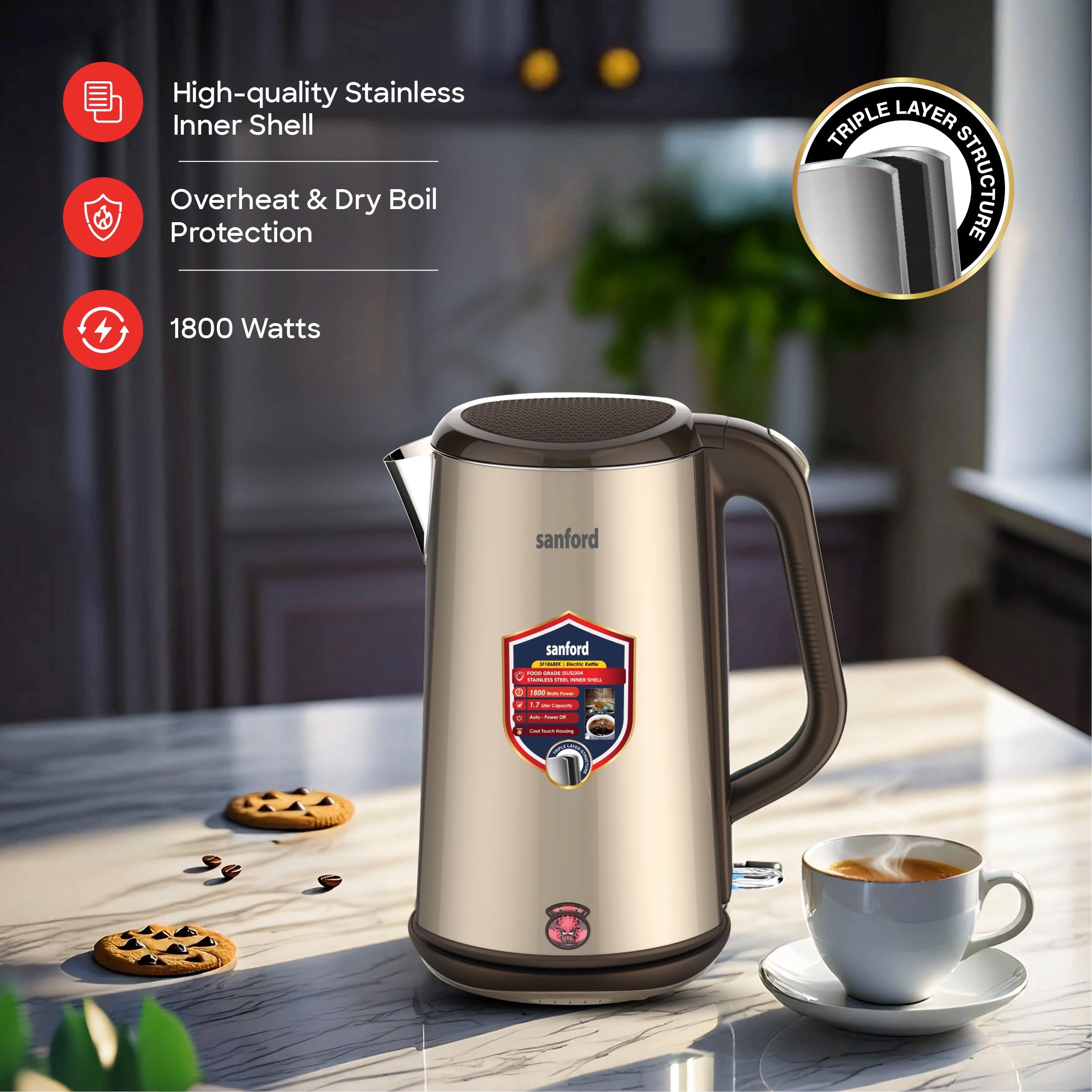 Sanford 1.7L Stainless Steel Electric Kettle 1800W Triple-Layer Cool-Touch - SF1868EK Sanford KSA