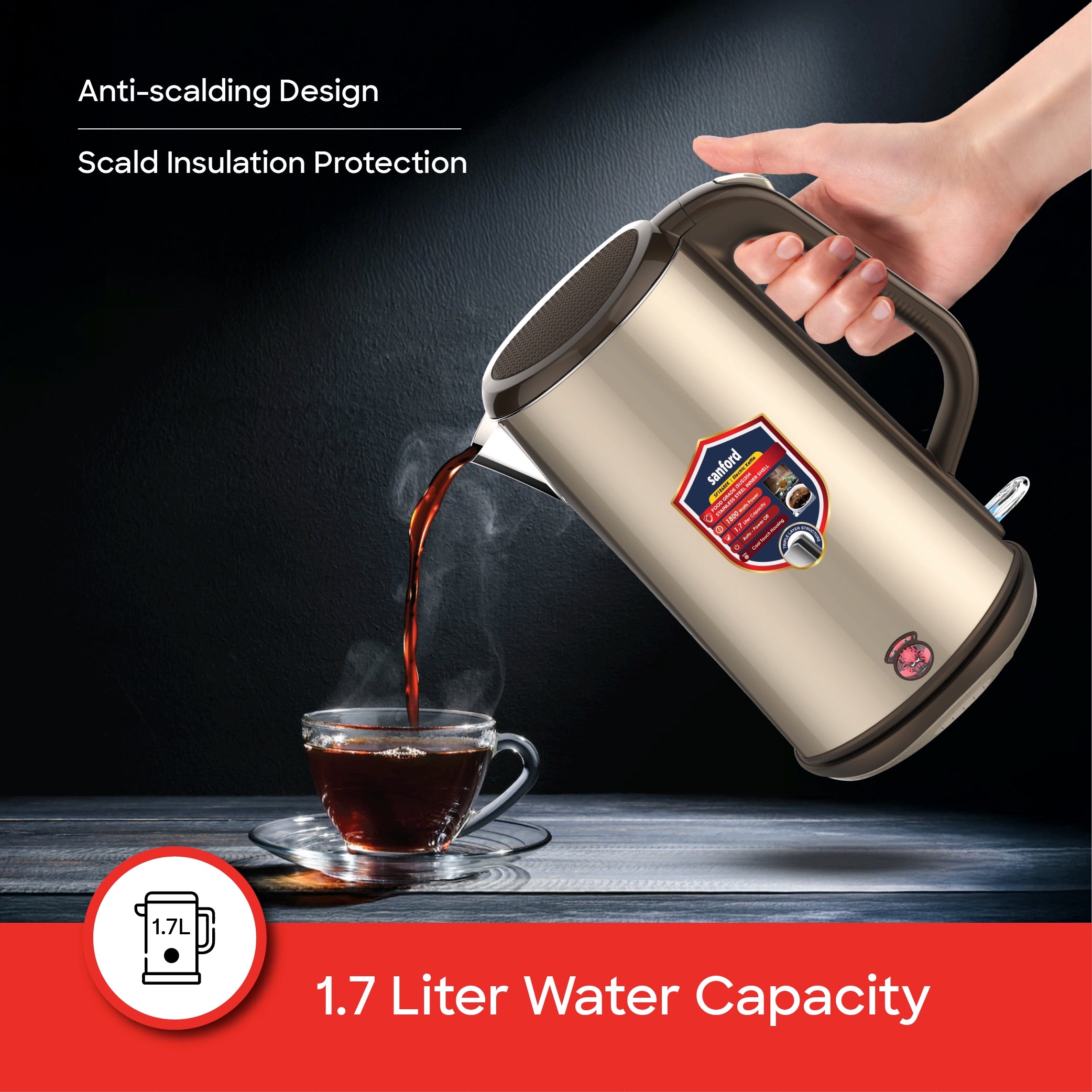 Sanford 1.7L Stainless Steel Electric Kettle 1800W Triple-Layer Cool-Touch - SF1868EK Sanford KSA