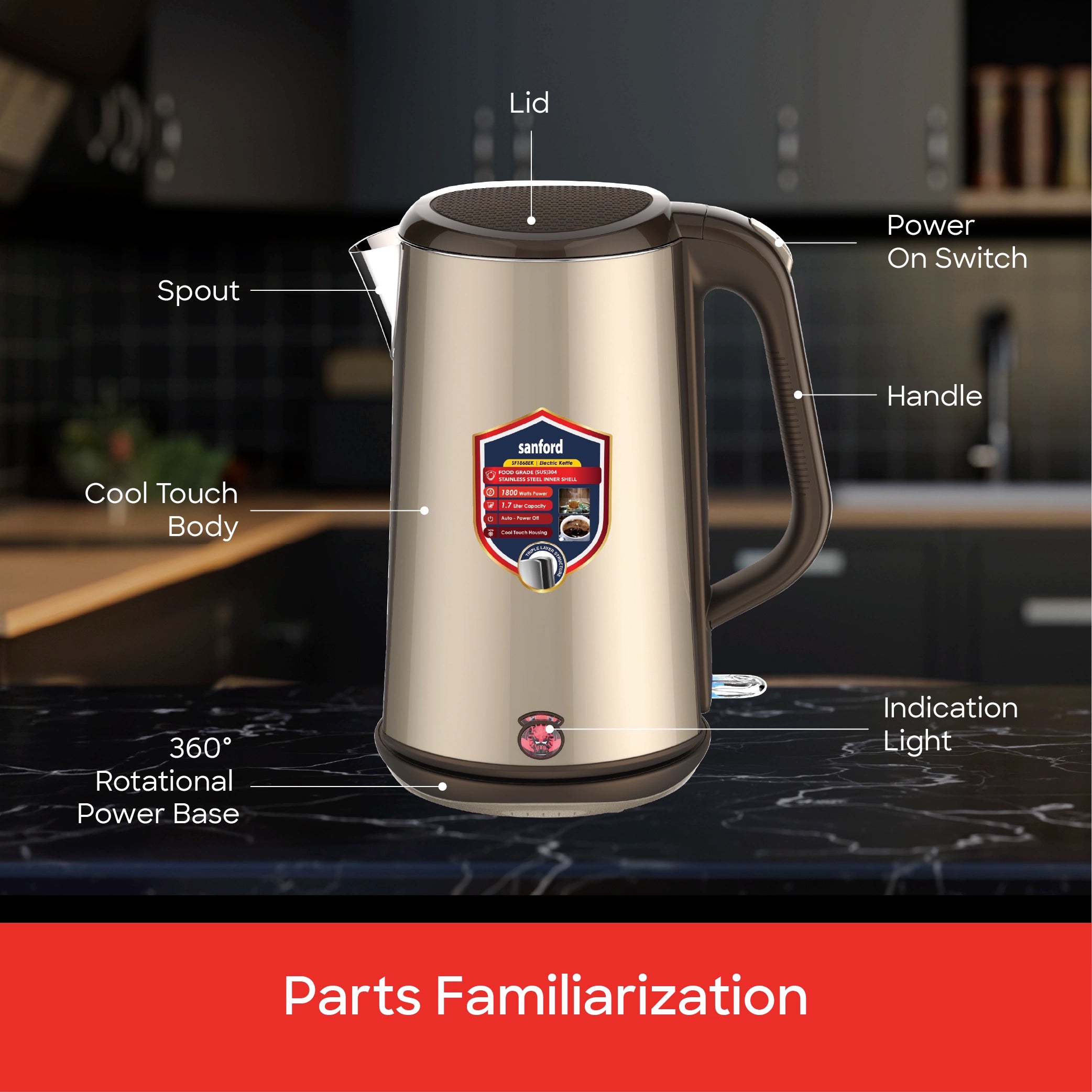 Sanford 1.7L Stainless Steel Electric Kettle 1800W Triple-Layer Cool-Touch - SF1868EK Sanford KSA