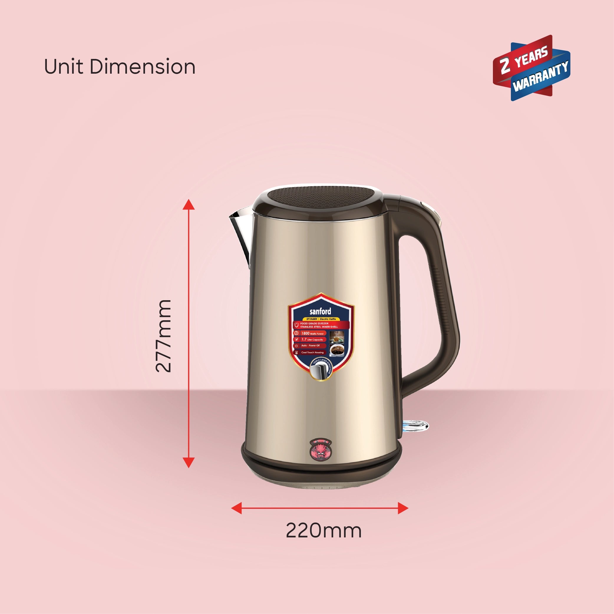 Sanford 1.7L Stainless Steel Electric Kettle 1800W Triple-Layer Cool-Touch - SF1868EK Sanford KSA