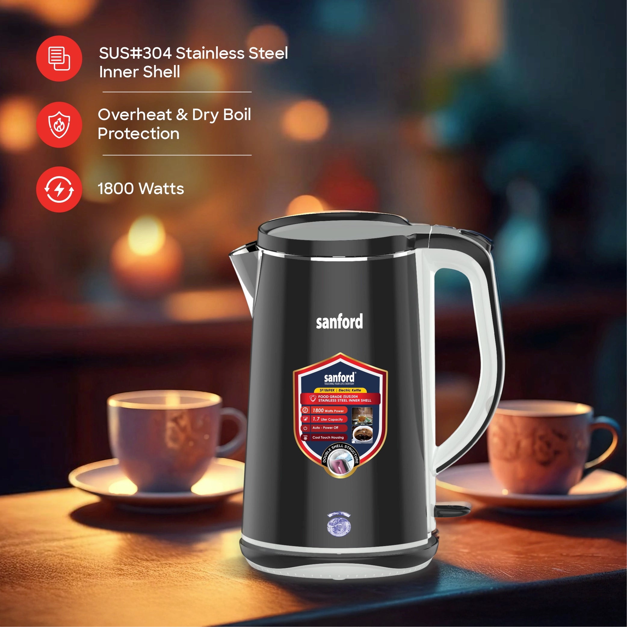 Sanford 1.7L Stainless Steel Electric Kettle 1800W Double-Layer Cool-Touch - SF1869EK Sanford KSA