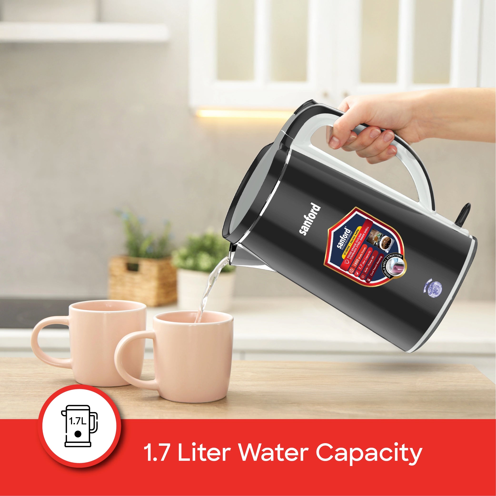 Sanford 1.7L Stainless Steel Electric Kettle 1800W Double-Layer Cool-Touch - SF1869EK Sanford KSA