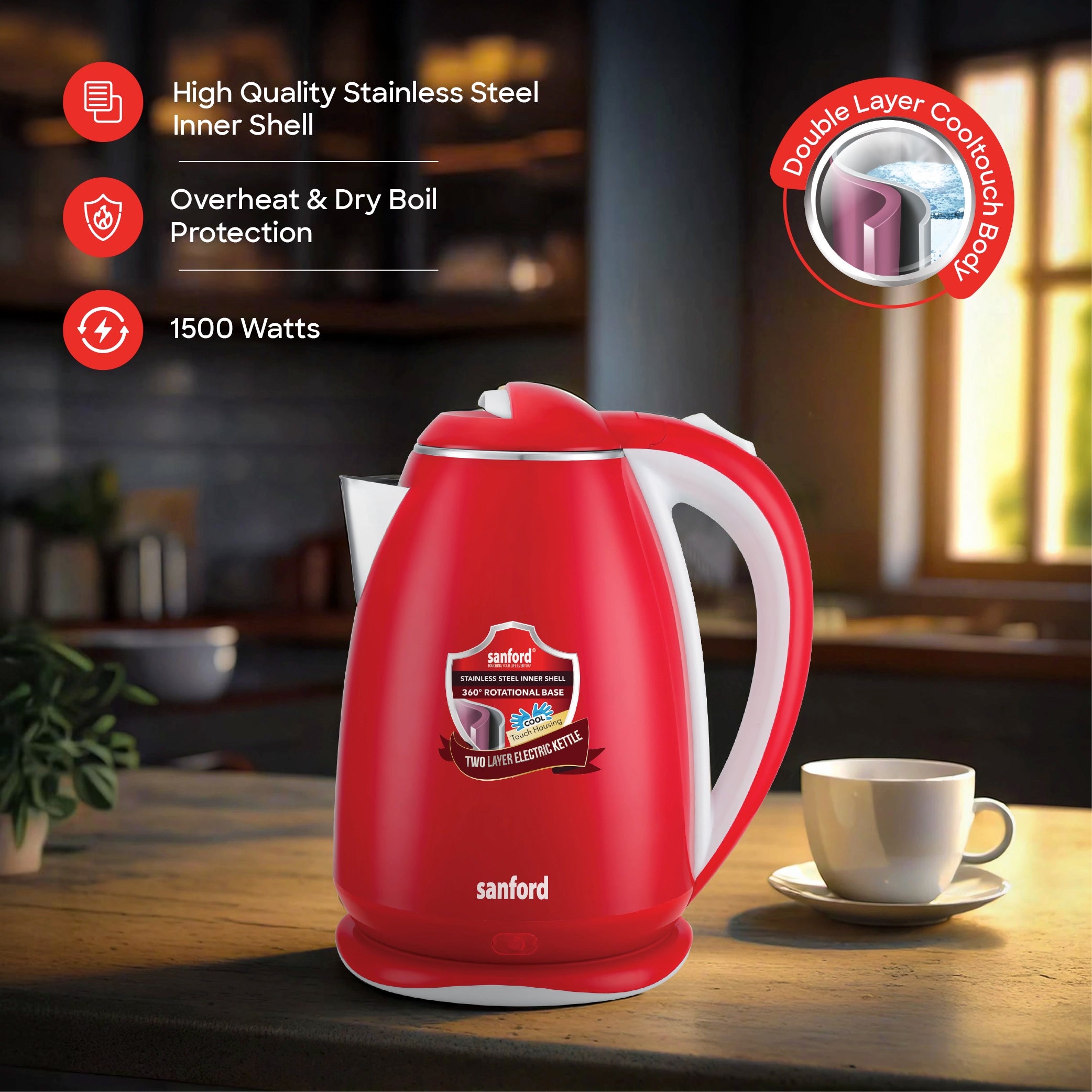 Sanford Electric Kettle with Stainless Steel Inner Shell and Cool Touch Body - SF1880EK Sanford KSA