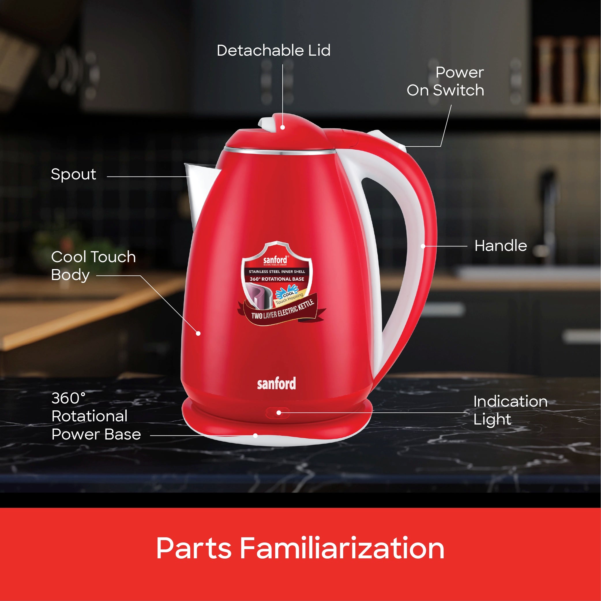 Sanford Electric Kettle with Stainless Steel Inner Shell and Cool Touch Body - SF1880EK Sanford KSA