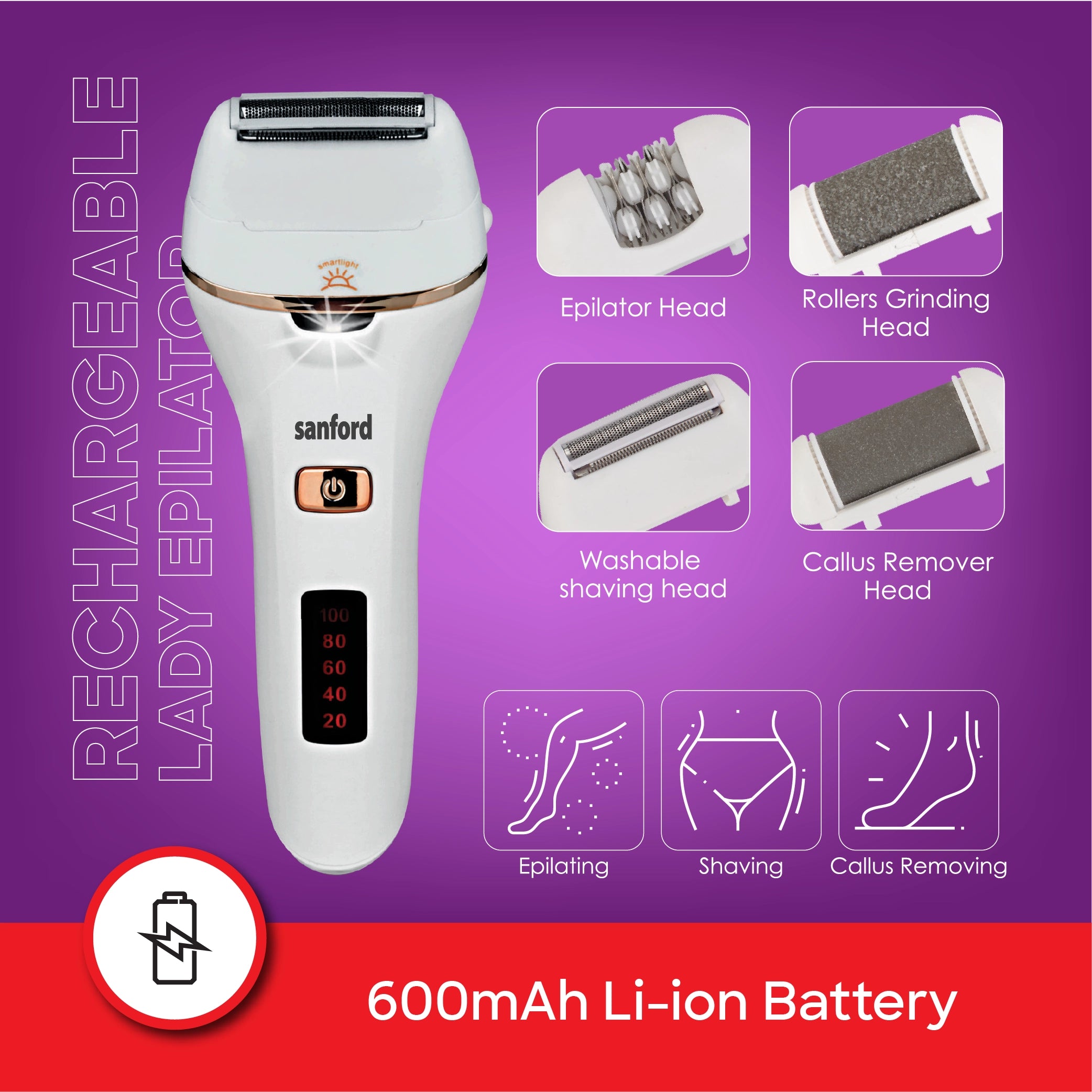 Sanford 4-in-1 Rechargeable Lady Epilator Grooming System with Precision Heads - SF1918LE Sanford KSA