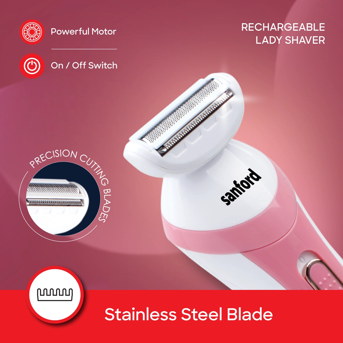 Sanford Rechargeable Lady Shaver with Precision Stainless Steel Blade for Smooth Grooming - SF1924LSR Sanford KSA