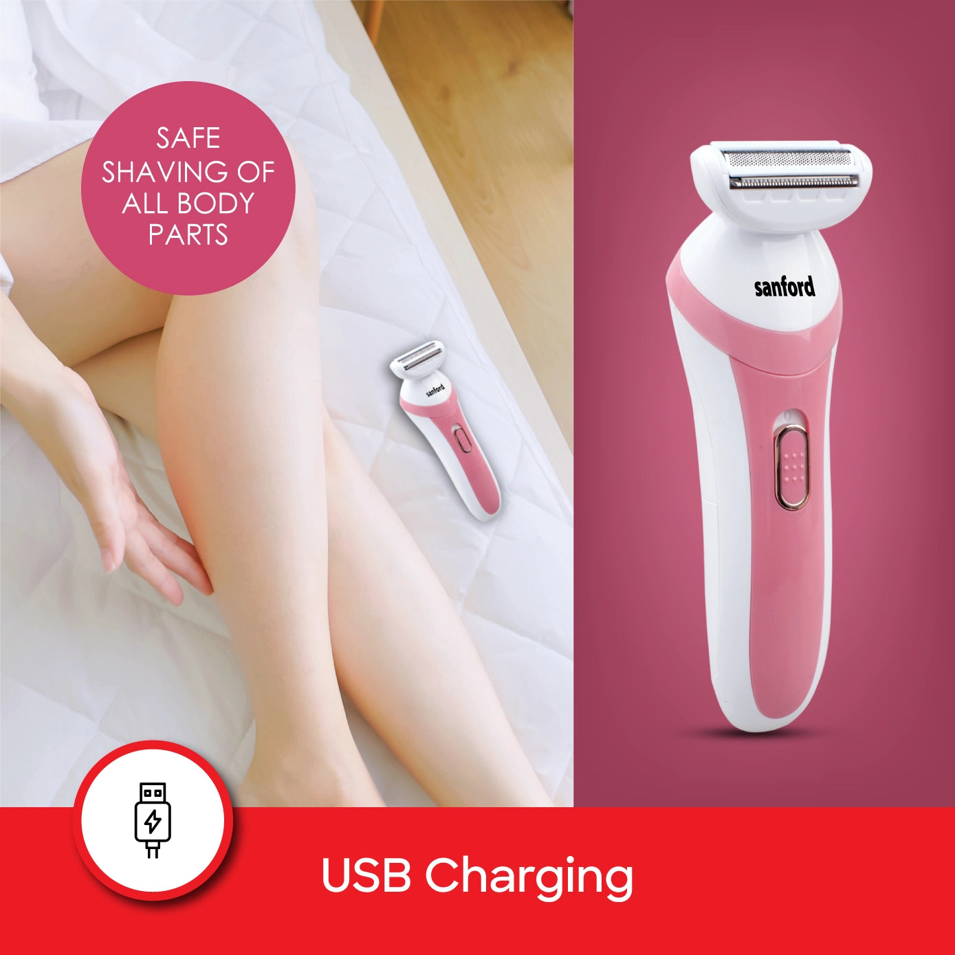 Sanford Rechargeable Lady Shaver with Precision Stainless Steel Blade for Smooth Grooming - SF1924LSR Sanford KSA