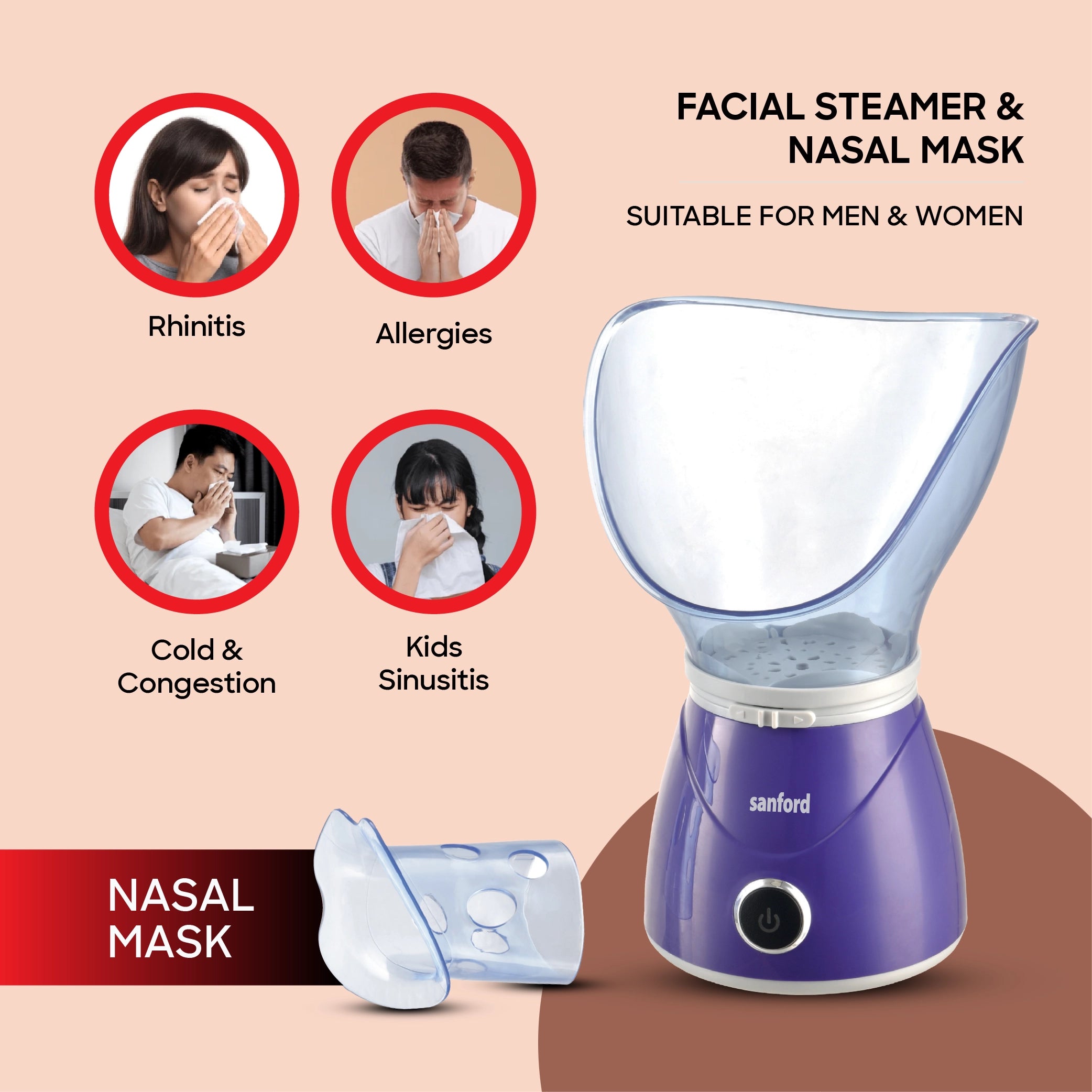 Sanford Facial Sauna 2-in-1 Steamer with Adjustable Steam & Nasal Mask - SF1948FS Sanford KSA