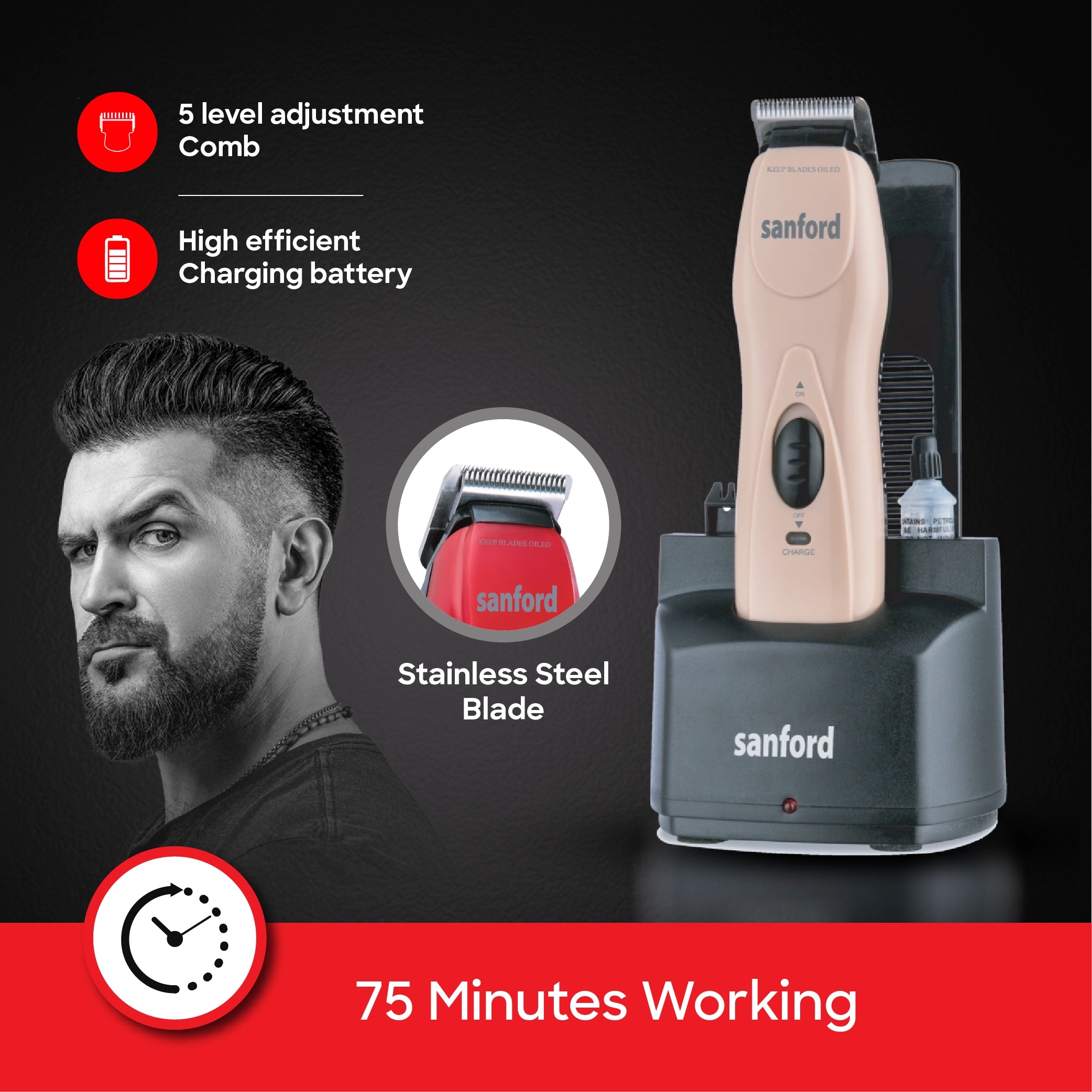 Sanford Hair Trimmer with 75 Min Runtime High-Speed Motor Stainless Steel Cutting Blade and Smooth Finish - SF1950HC Sanford KSA