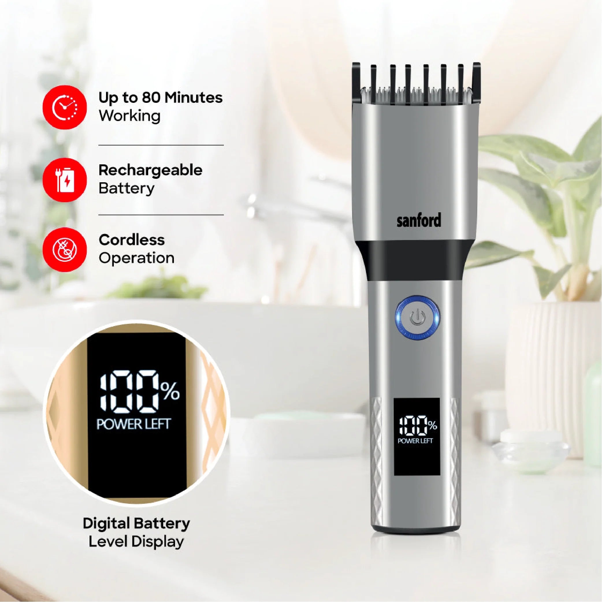 Sanford Hair Trimmer With Digital Display 7 Length Settings and Carbon Steel Blades - SF1953HC Sanford KSA