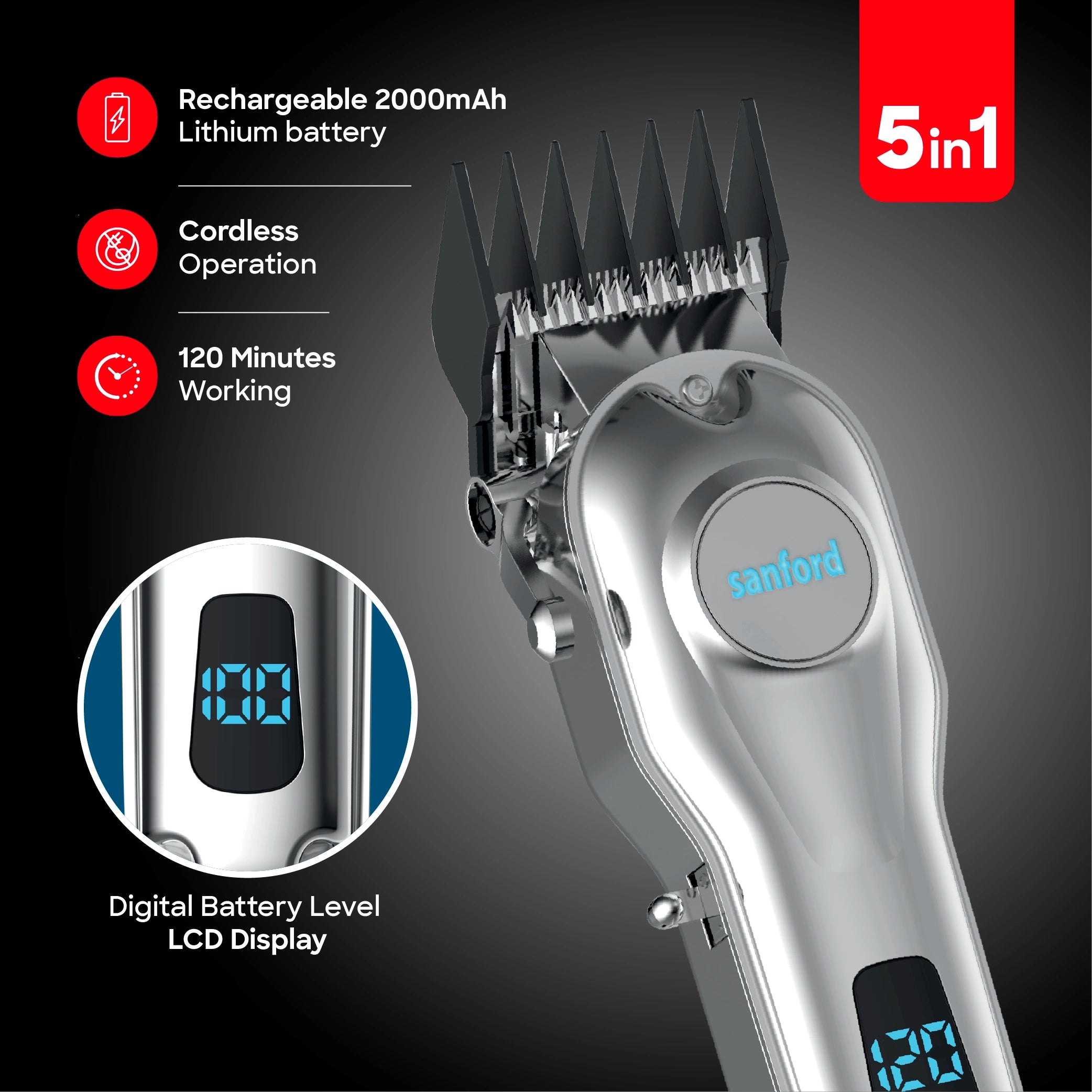 Sanford Hair Trimmer with 120 Min Runtime LCD Display Full Metal Body and Stainless Steel Cutting Blade - SF1958HC Sanford KSA