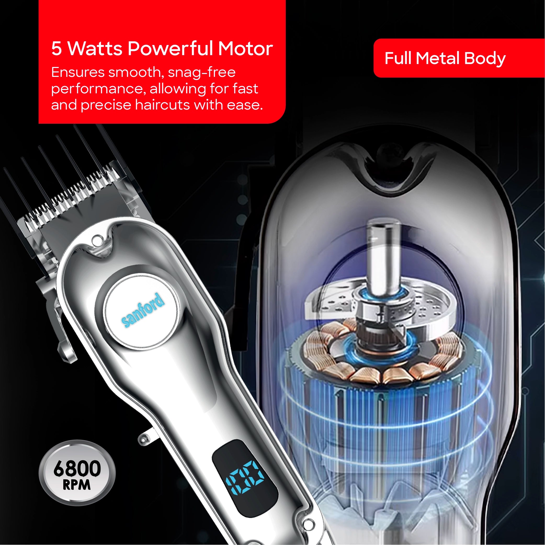 Sanford Hair Trimmer with 120 Min Runtime LCD Display Full Metal Body and Stainless Steel Cutting Blade - SF1958HC Sanford KSA