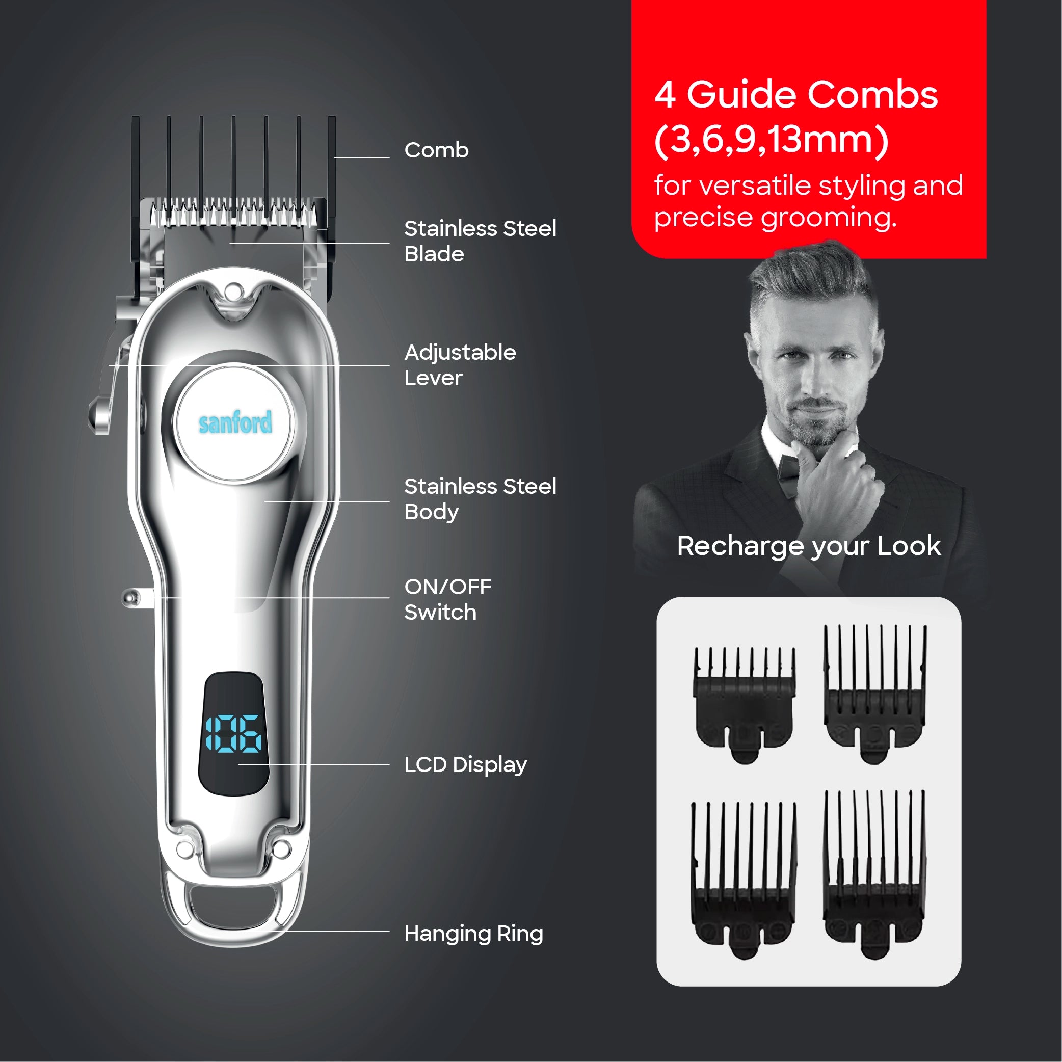 Sanford Hair Trimmer with 120 Min Runtime LCD Display Full Metal Body and Stainless Steel Cutting Blade - SF1958HC Sanford KSA