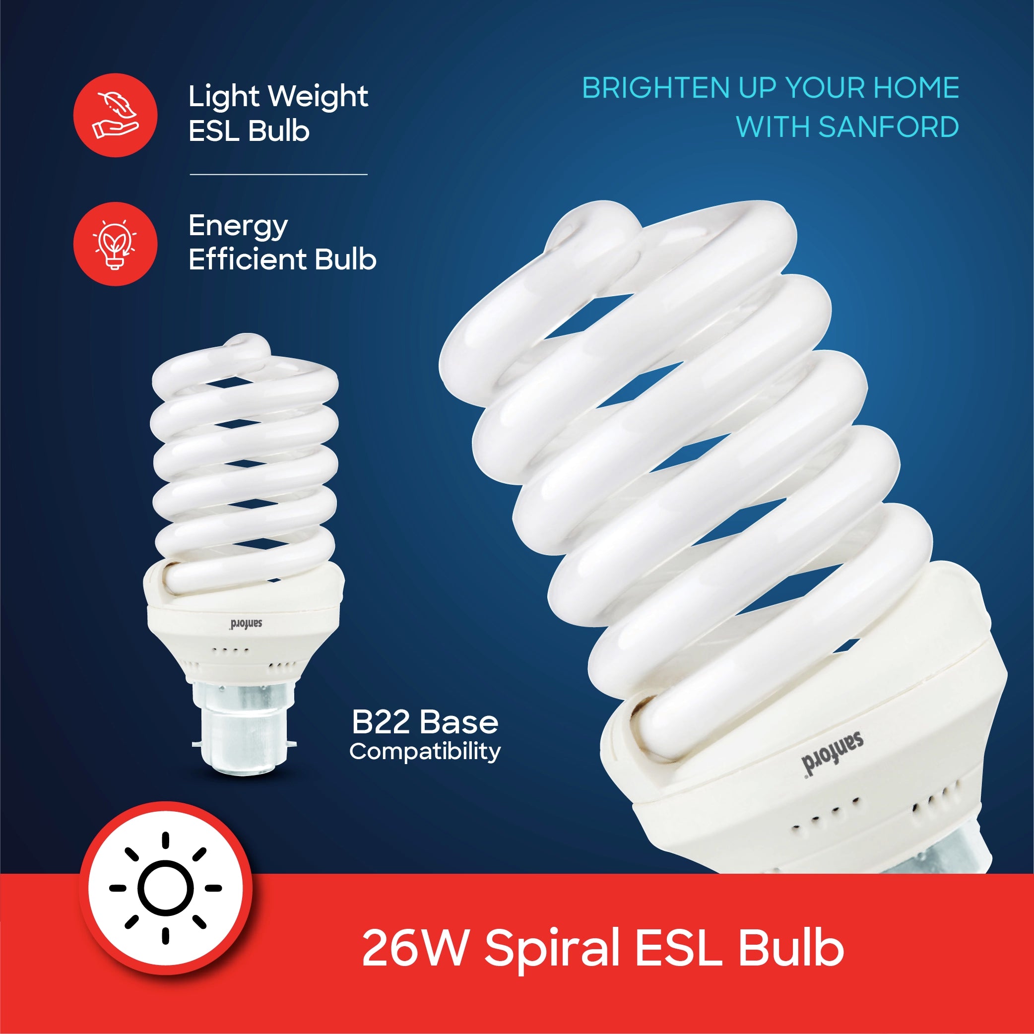 Sanford 26W Energy Saving ESL Spiral Lamp 1600 Lumens Daylight Bulb - SF206ESL Sanford KSA