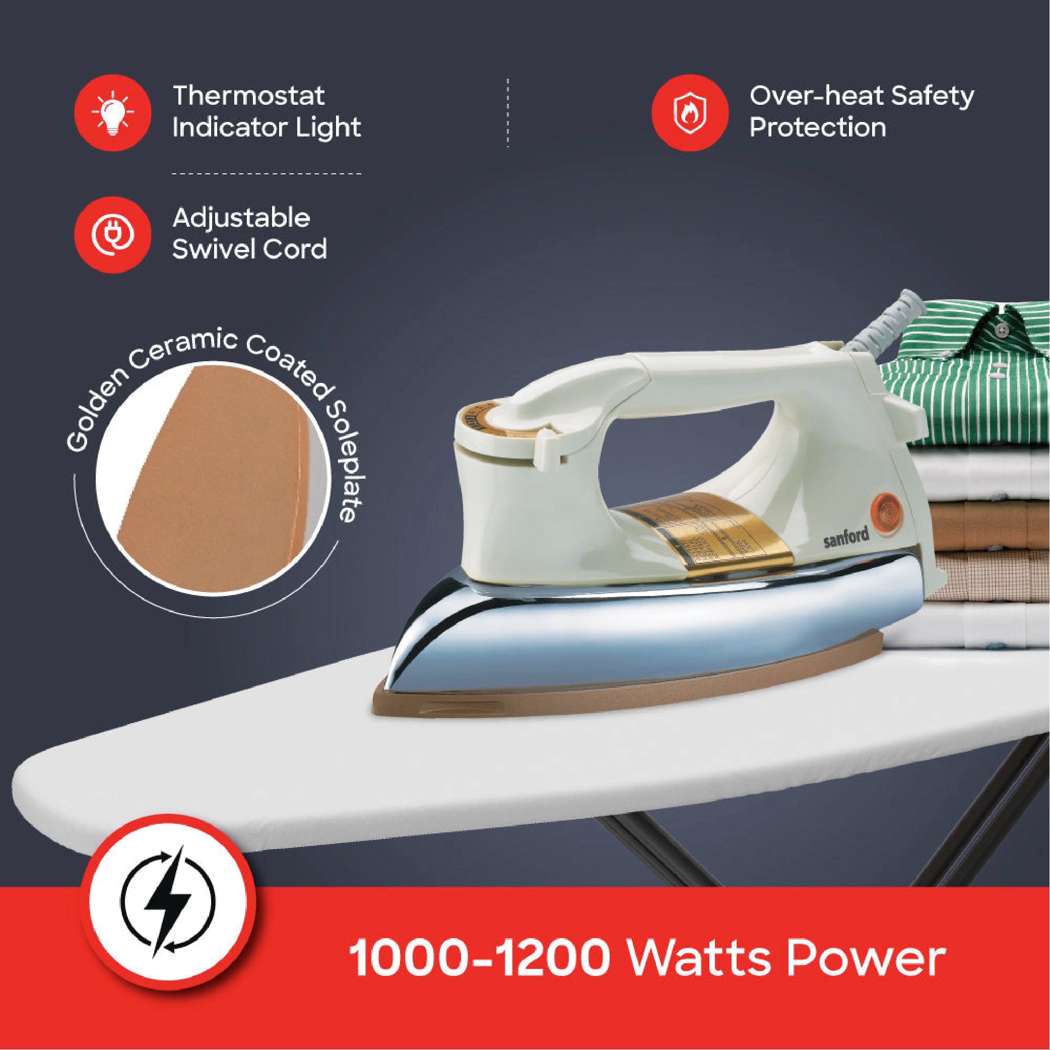 Sanford Dry Iron 1200W Heavy Weight with Golden Ceramic Soleplate and Smooth Glide Control - SF20DI Sanford KSA