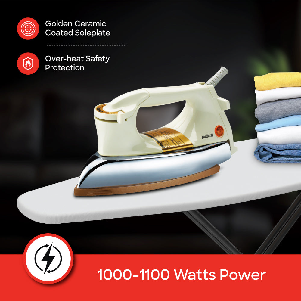 Sanford SF21DI 1100W dry iron golden ceramic soleplate detail