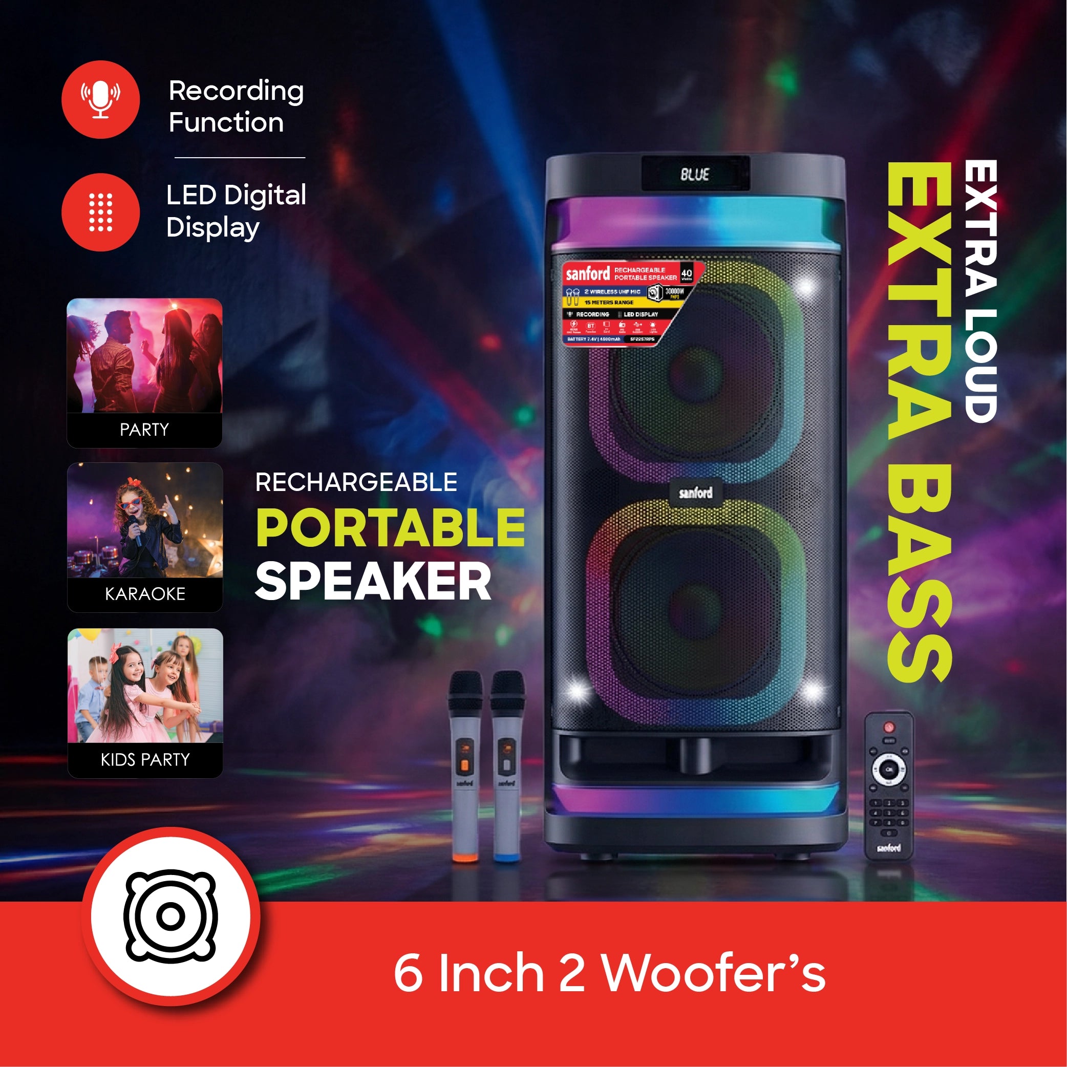 Sanford Rechargeable Portable Speaker with Wireless Mics and RGB Lights - SF2257RPS Sanford KSA