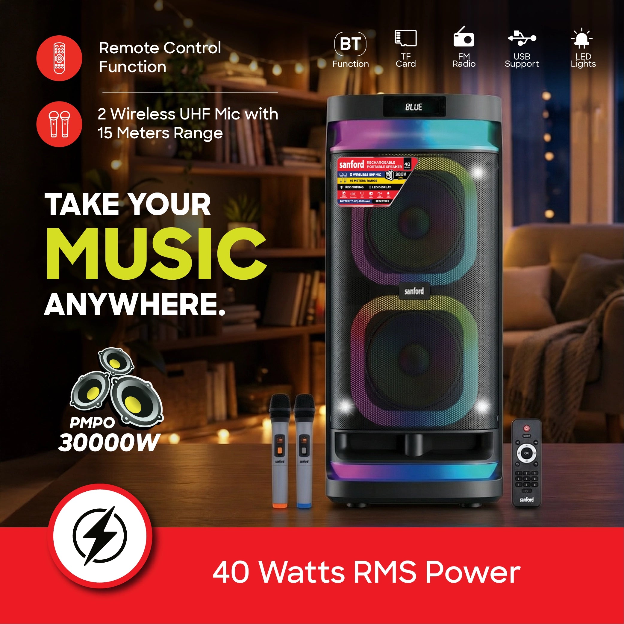 Sanford Rechargeable Portable Speaker with Wireless Mics and RGB Lights - SF2257RPS Sanford KSA