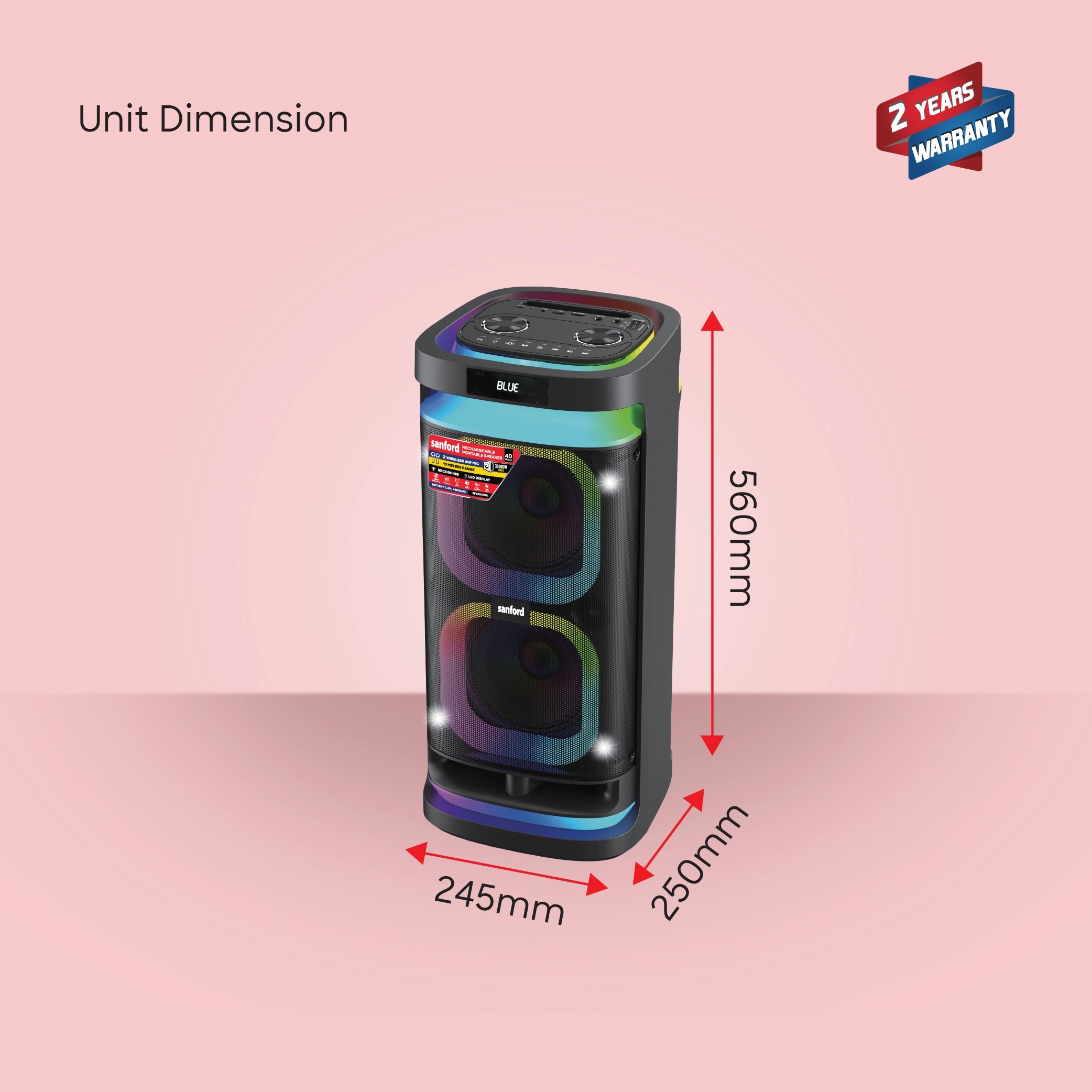 Sanford Rechargeable Portable Speaker with Wireless Mics and RGB Lights - SF2257RPS Sanford KSA