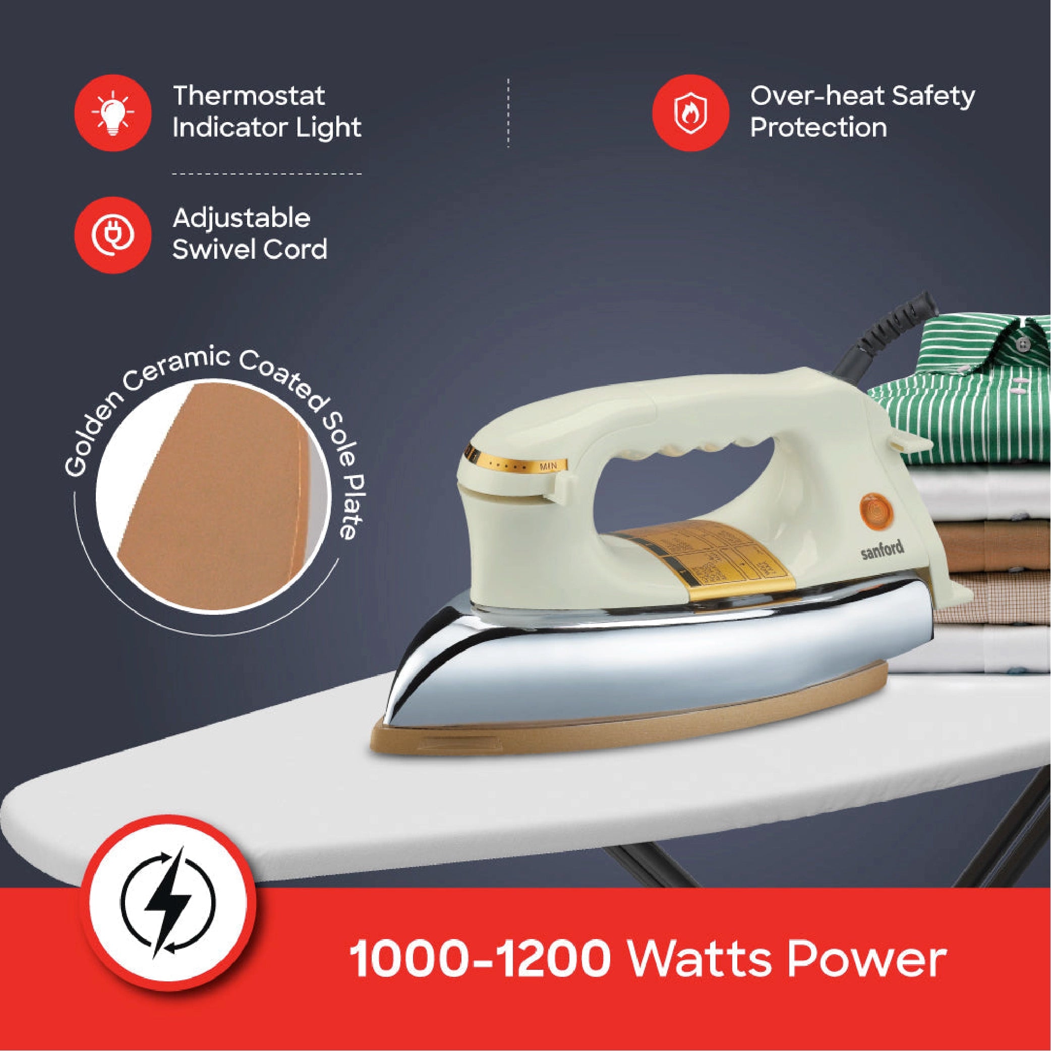 Sanford Dry Iron 1200W Heavy Weight with Golden Ceramic Soleplate and Smooth Glide Control - SF22DI Sanford KSA