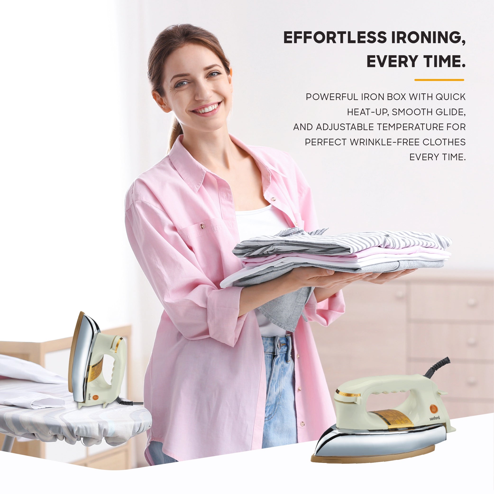 Sanford Dry Iron 1200W Heavy Weight with Golden Ceramic Soleplate and Smooth Glide Control - SF22DI Sanford KSA