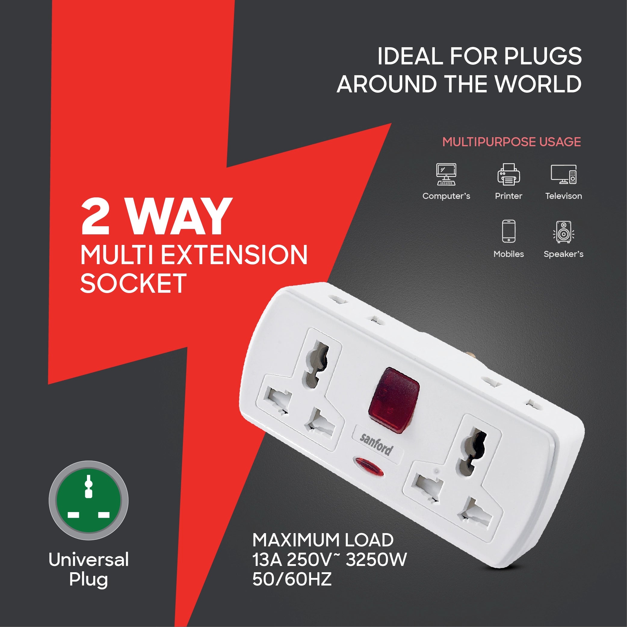 Sanford 2-Way Universal Extension Socket Power Adaptor with LED Switch - SF2300ES Sanford KSA