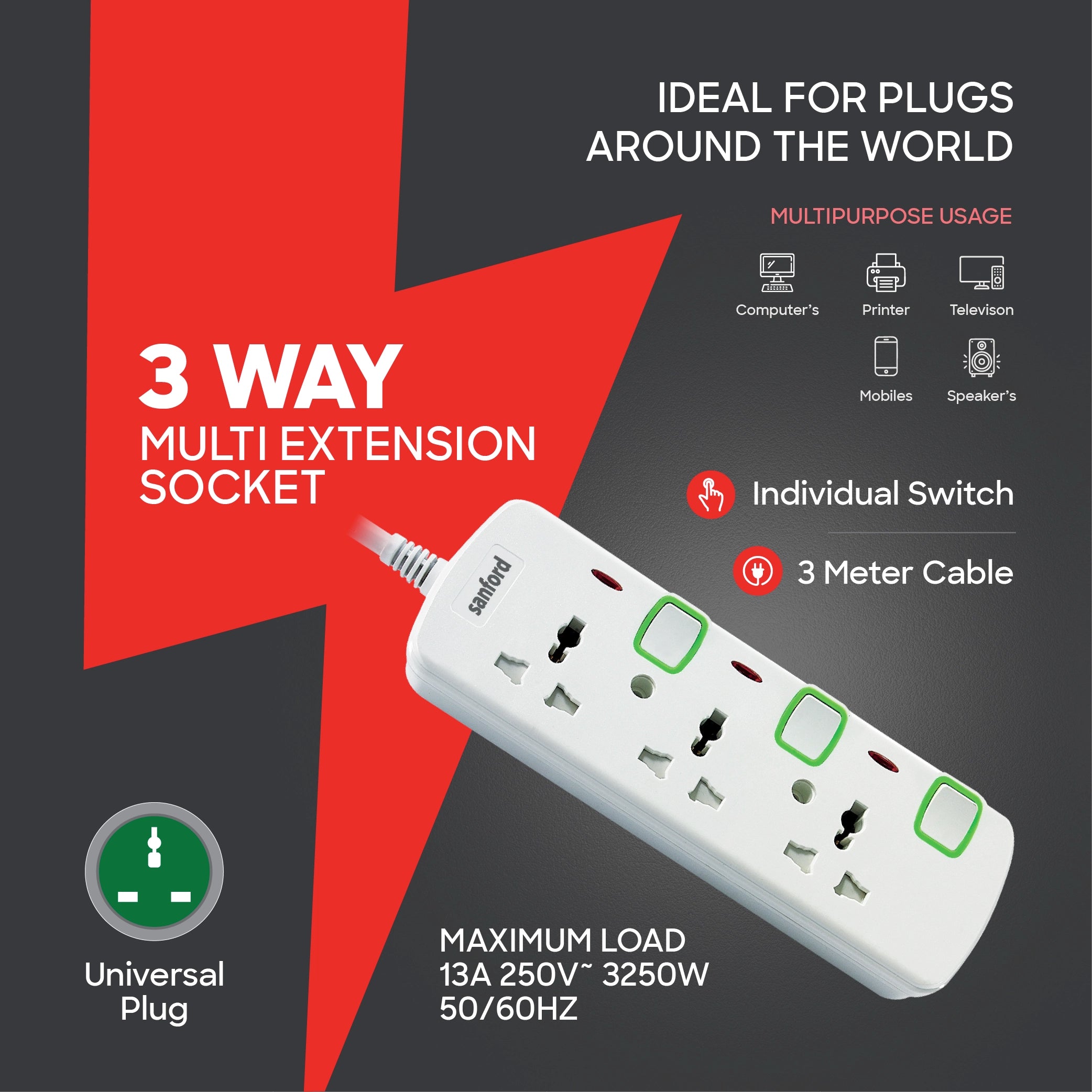 Sanford 3-Way Universal Extension Socket with Individual Switches and 3 Meter Cable - SF2301ES Sanford KSA