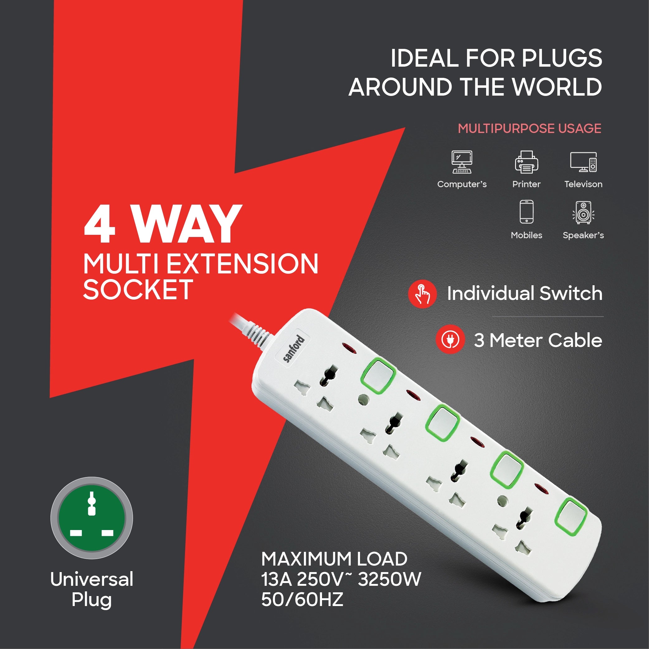 Sanford 4-Way Universal Extension Socket with Switches and 3 Meter Cable - SF2302ES Sanford KSA
