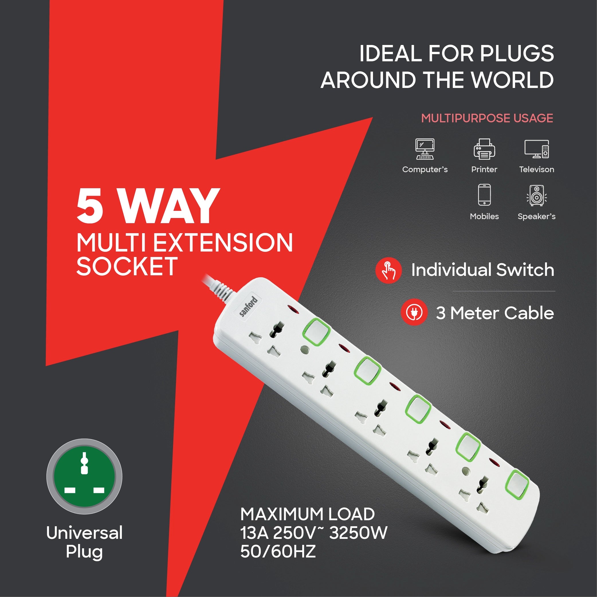 Sanford 5-Way Universal Extension Socket with Switches and 5 Meter Cable - SF2303ES Sanford KSA