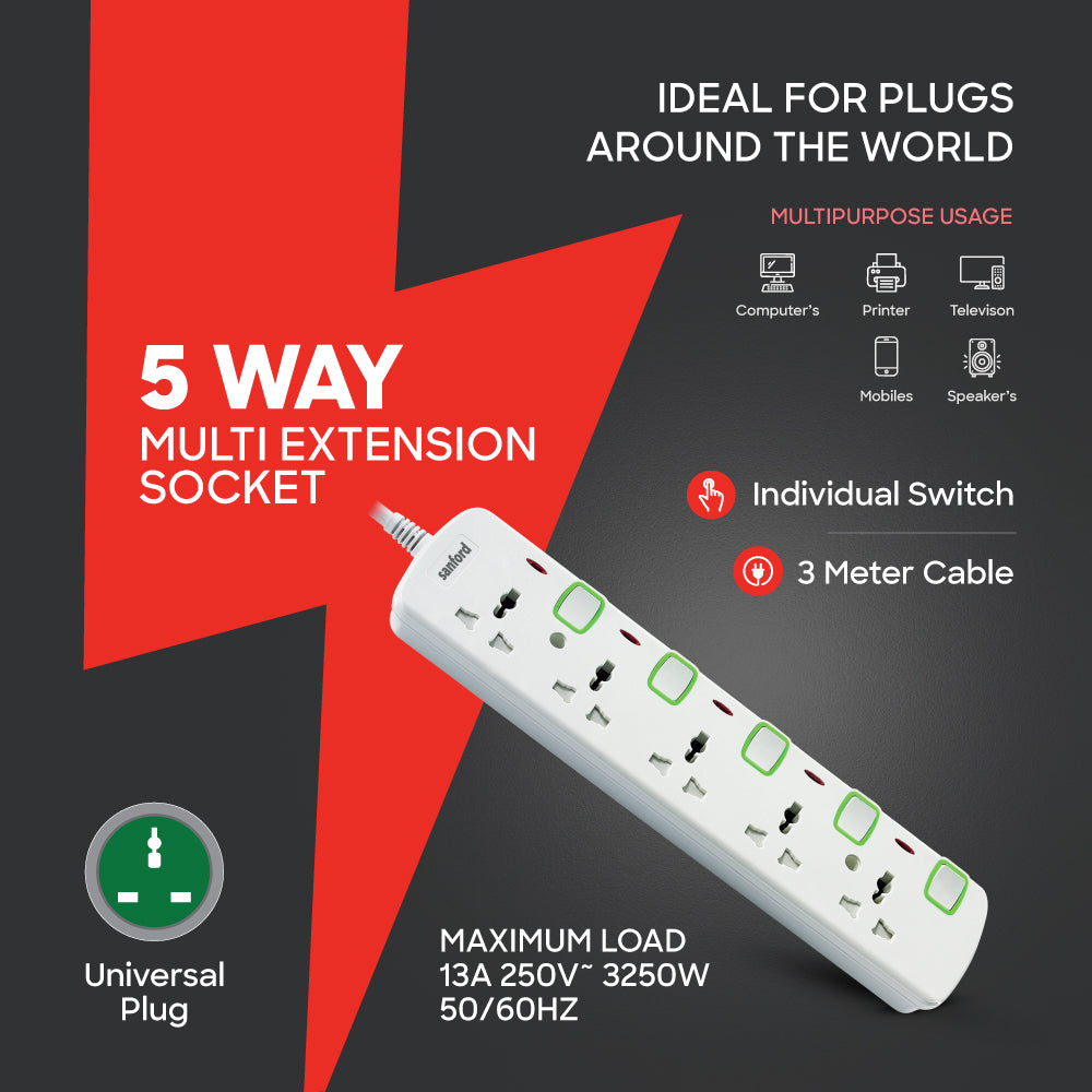 Sanford SF2303ES 5-way socket outlet configuration close-up