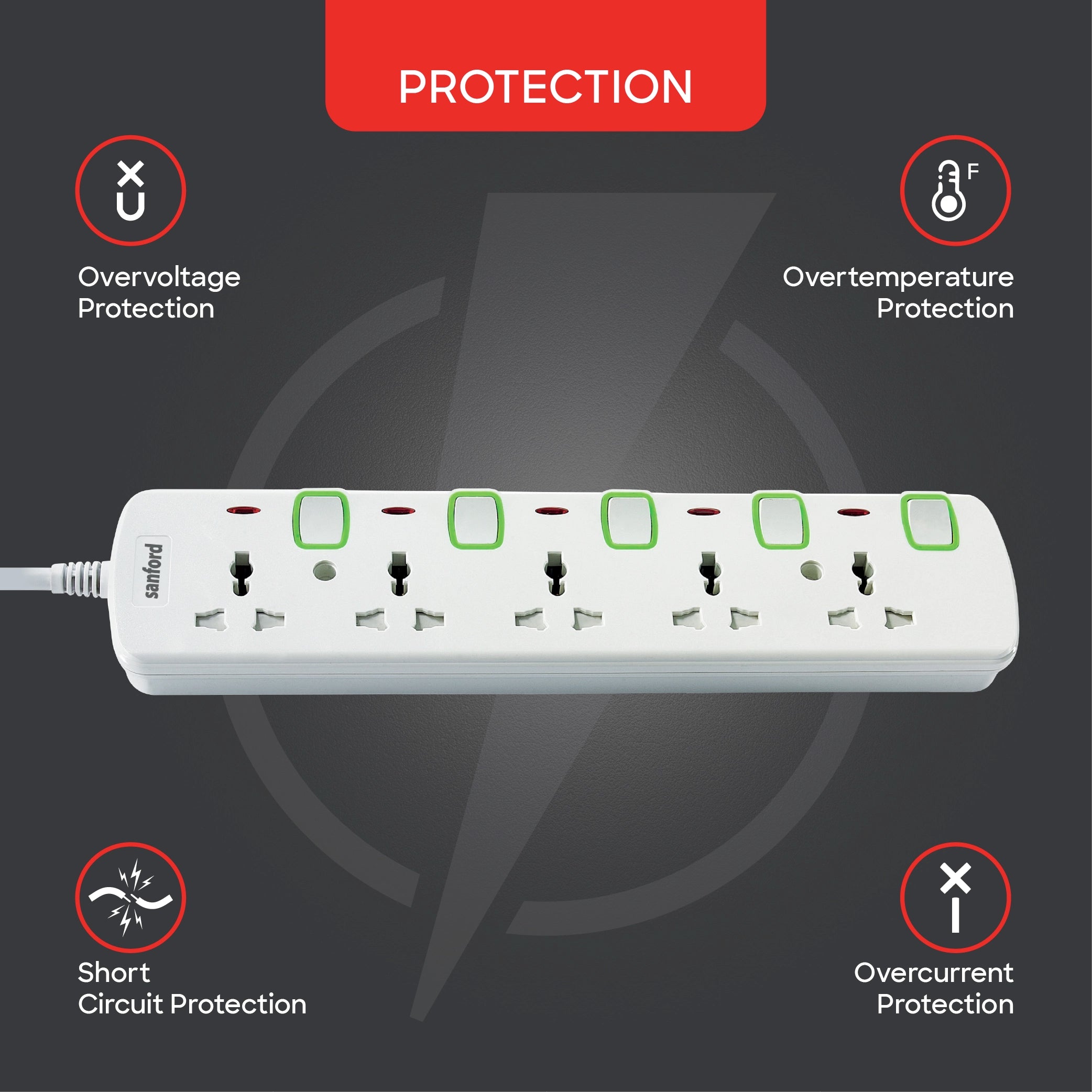 Sanford 5-Way Universal Extension Socket with Switches and 5 Meter Cable - SF2303ES Sanford KSA
