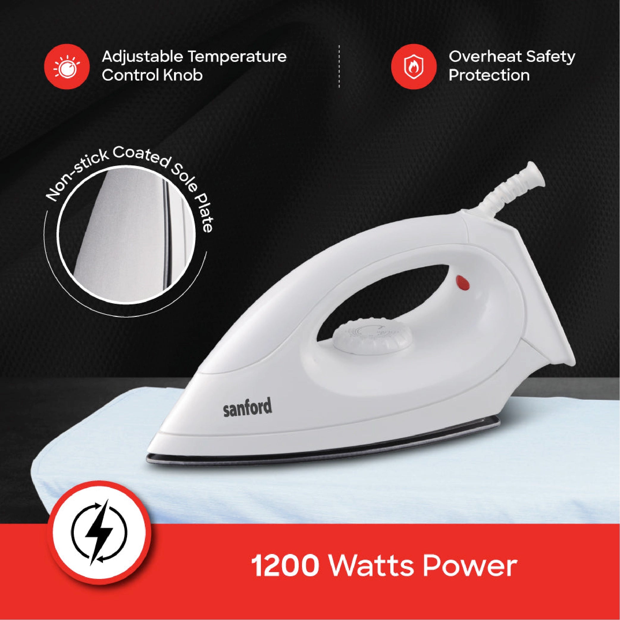 Sanford Dry Iron 1200W Light Weight with Non-Stick Soleplate and Easy Temperature Settings - SF23DI Sanford KSA
