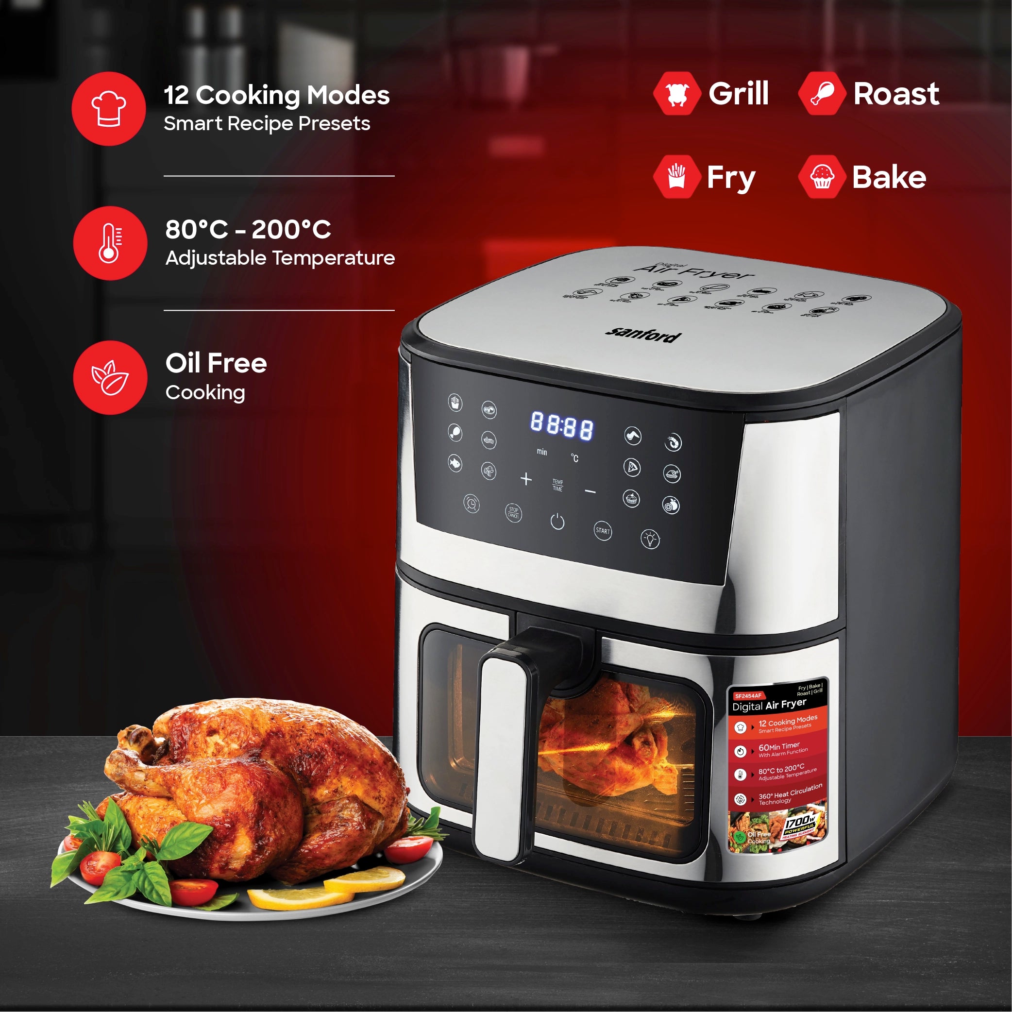 Sanford 7.0L Air Fryer with 12 Preset Cooking Modes and 1700W Power - SF2454AF Sanford KSA