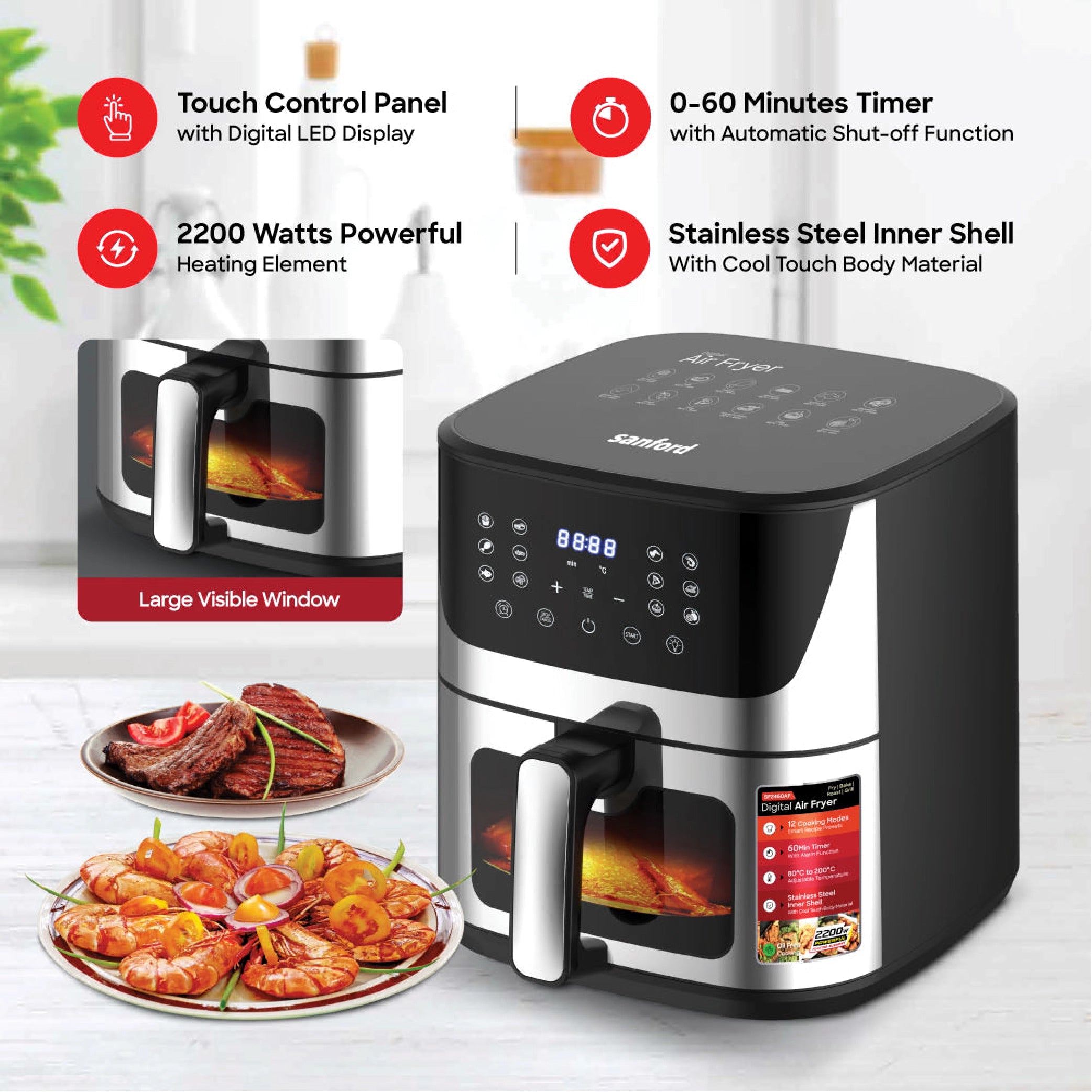 Sanford 10.0L Double Heating Air Fryer with 12 Preset Cooking Modes and 2200W Power - SF2460AF Sanford KSA