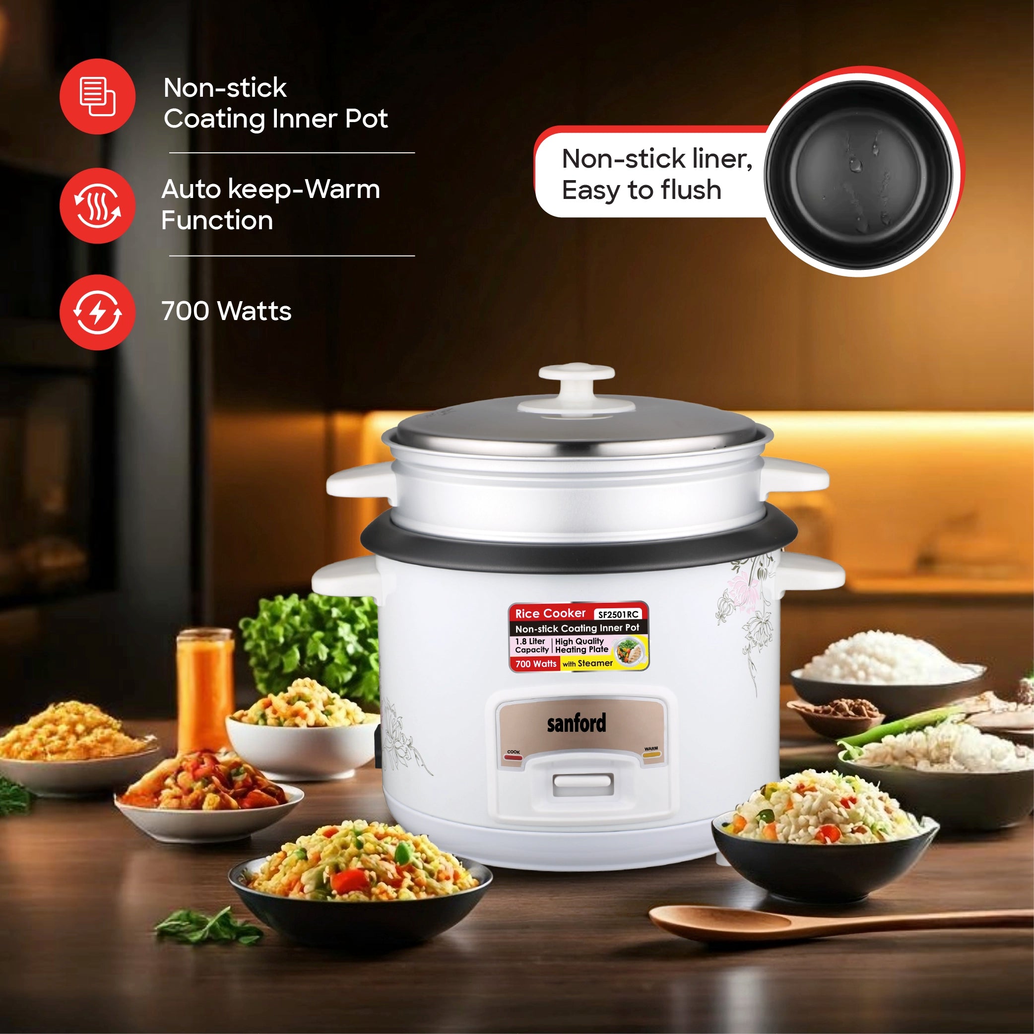 Sanford Rice Cooker 1.8L 700W with Non-Stick Inner Pot and Keep Warm - SF2501RC Sanford KSA