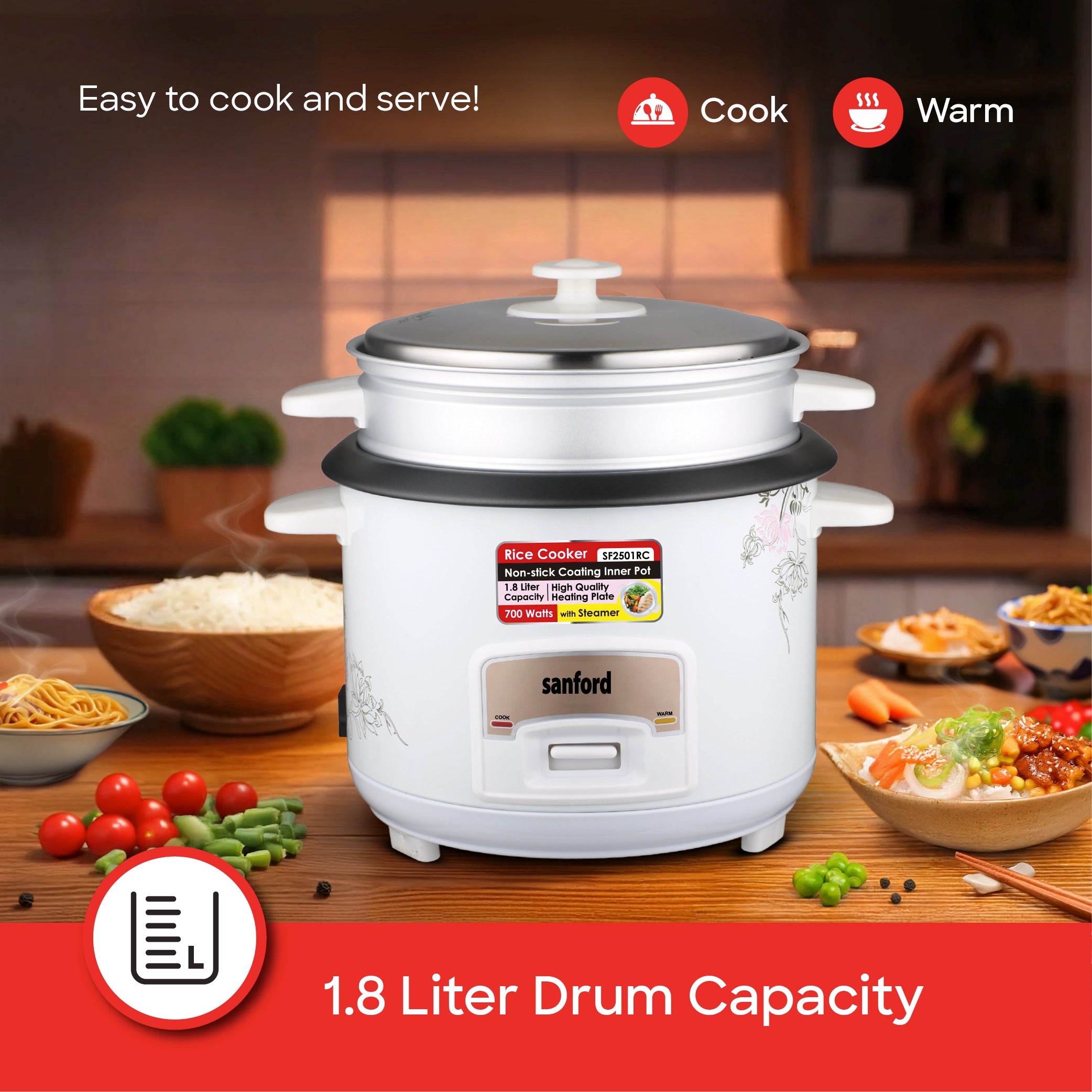 Sanford Rice Cooker 1.8L 700W with Non-Stick Inner Pot and Keep Warm - SF2501RC Sanford KSA