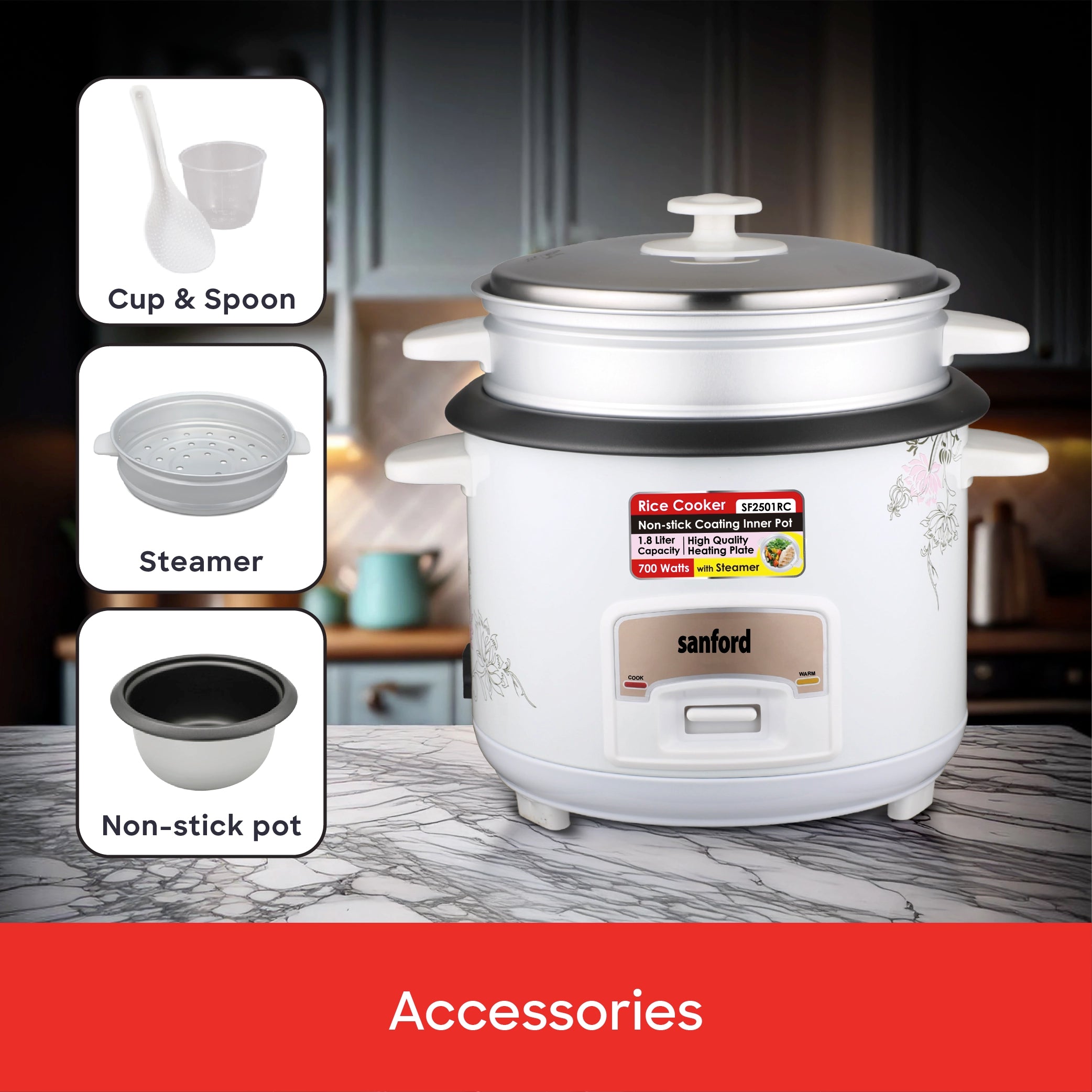 Sanford Rice Cooker 1.8L 700W with Non-Stick Inner Pot and Keep Warm - SF2501RC Sanford KSA