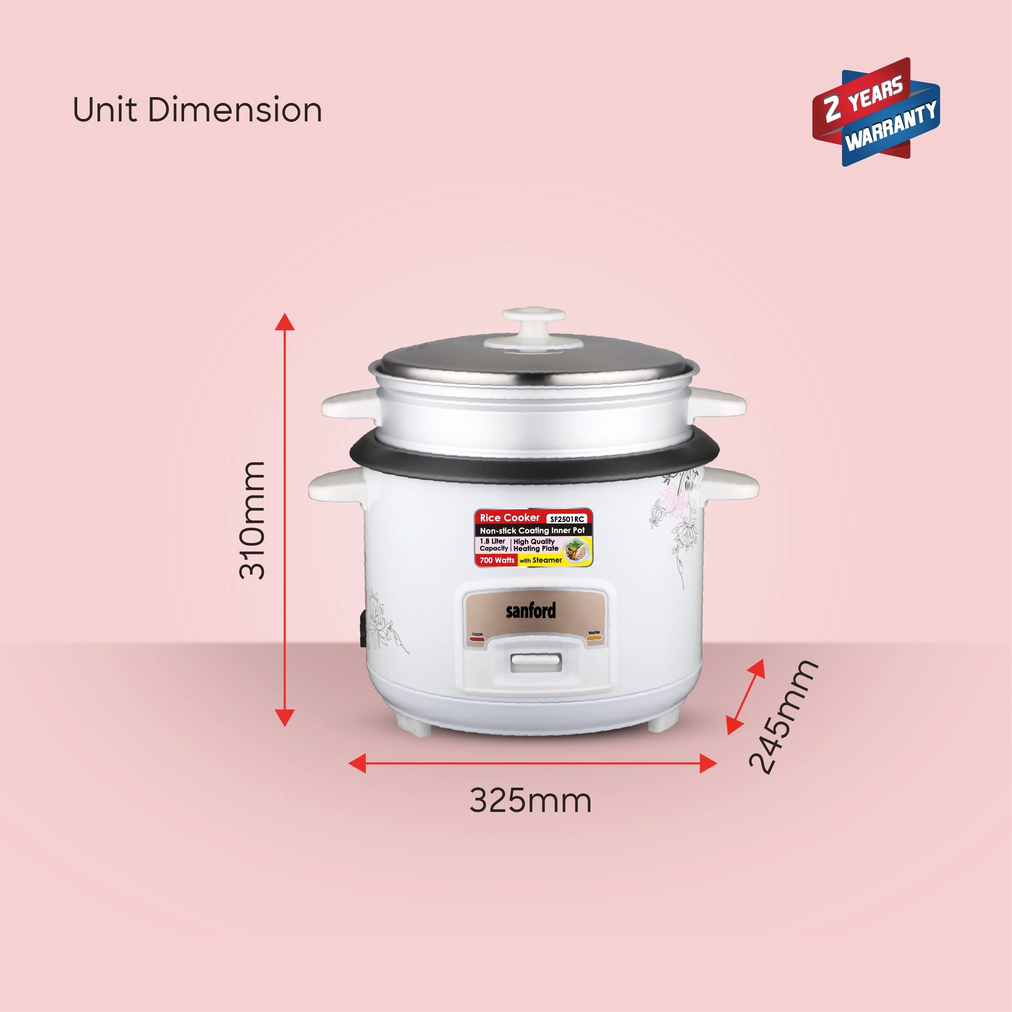 Sanford Rice Cooker 1.8L 700W with Non-Stick Inner Pot and Keep Warm - SF2501RC Sanford KSA