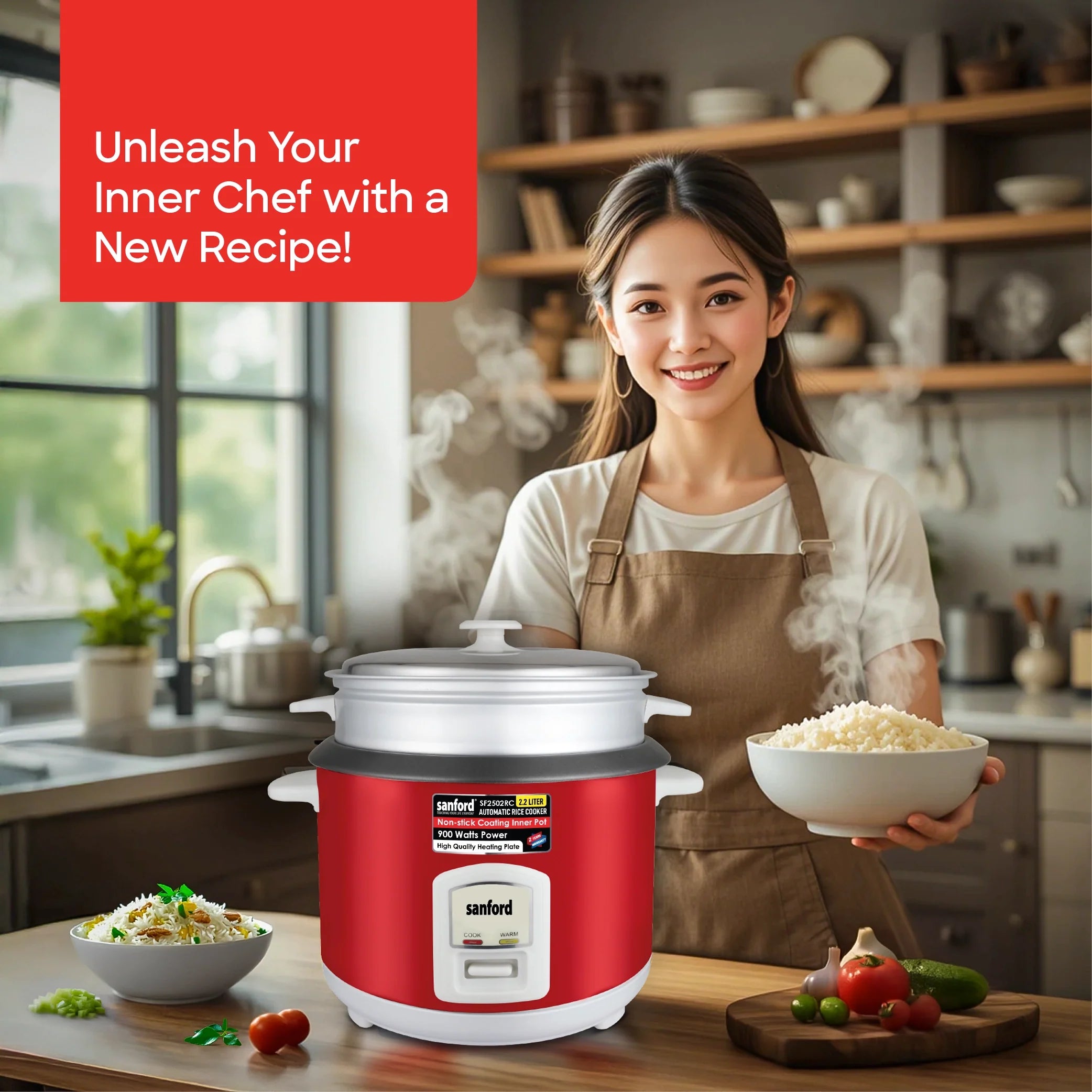 2.2L rice cooker 900W with non stick inner pot & steamer sanford 2