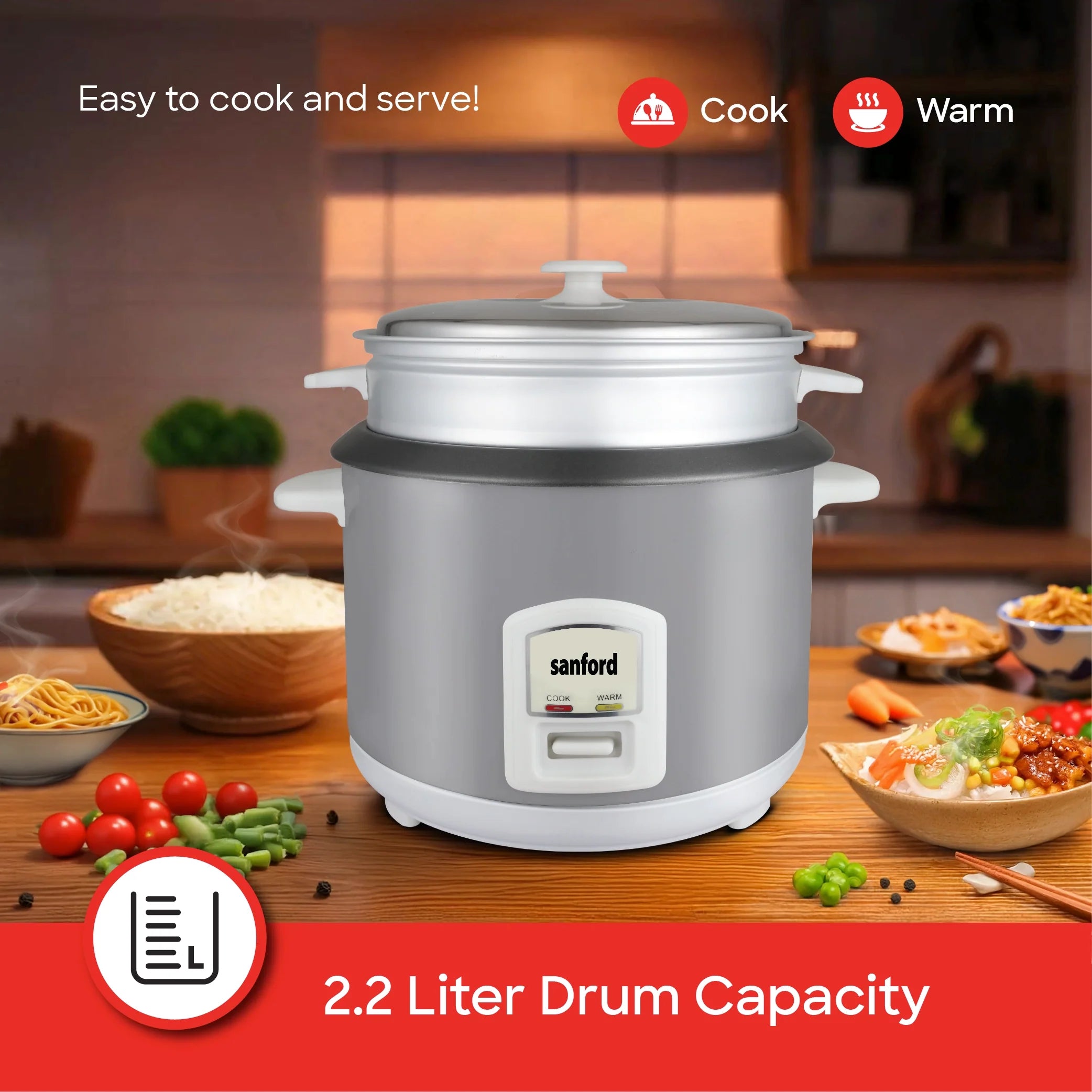 2.2L rice cooker 900W with non stick inner pot & steamer sanford 4