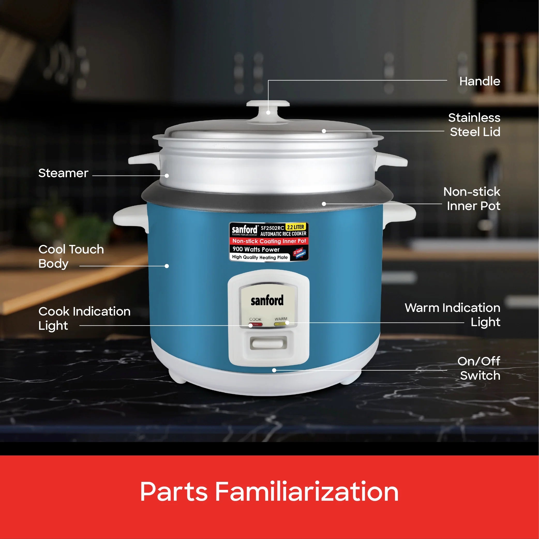 2.2L rice cooker 900W with non stick inner pot & steamer sanford 7